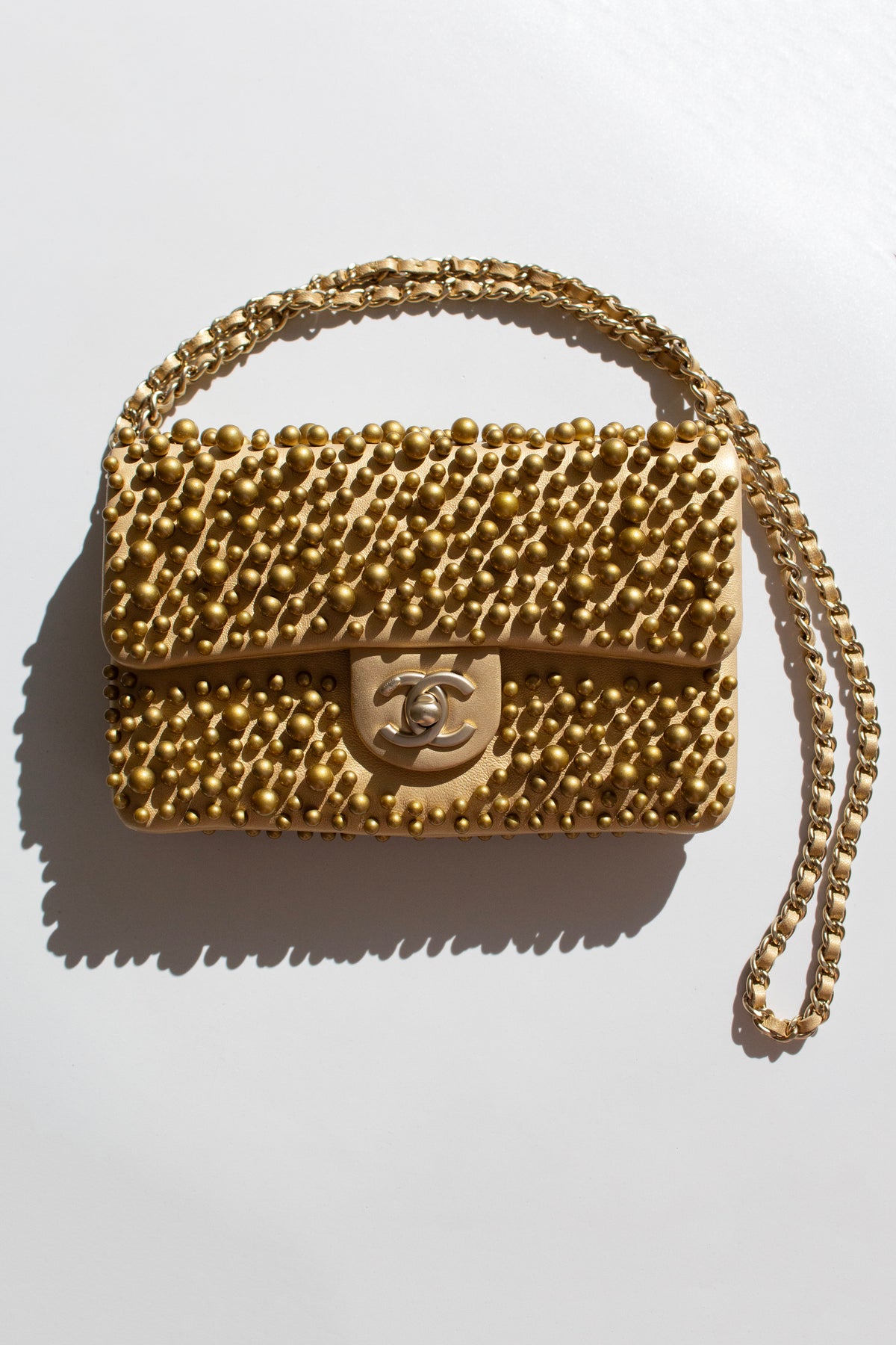 Chanel Cruise 2015 Dubai Gold Pearl-Embellished Lambskin Mini Flap Bag