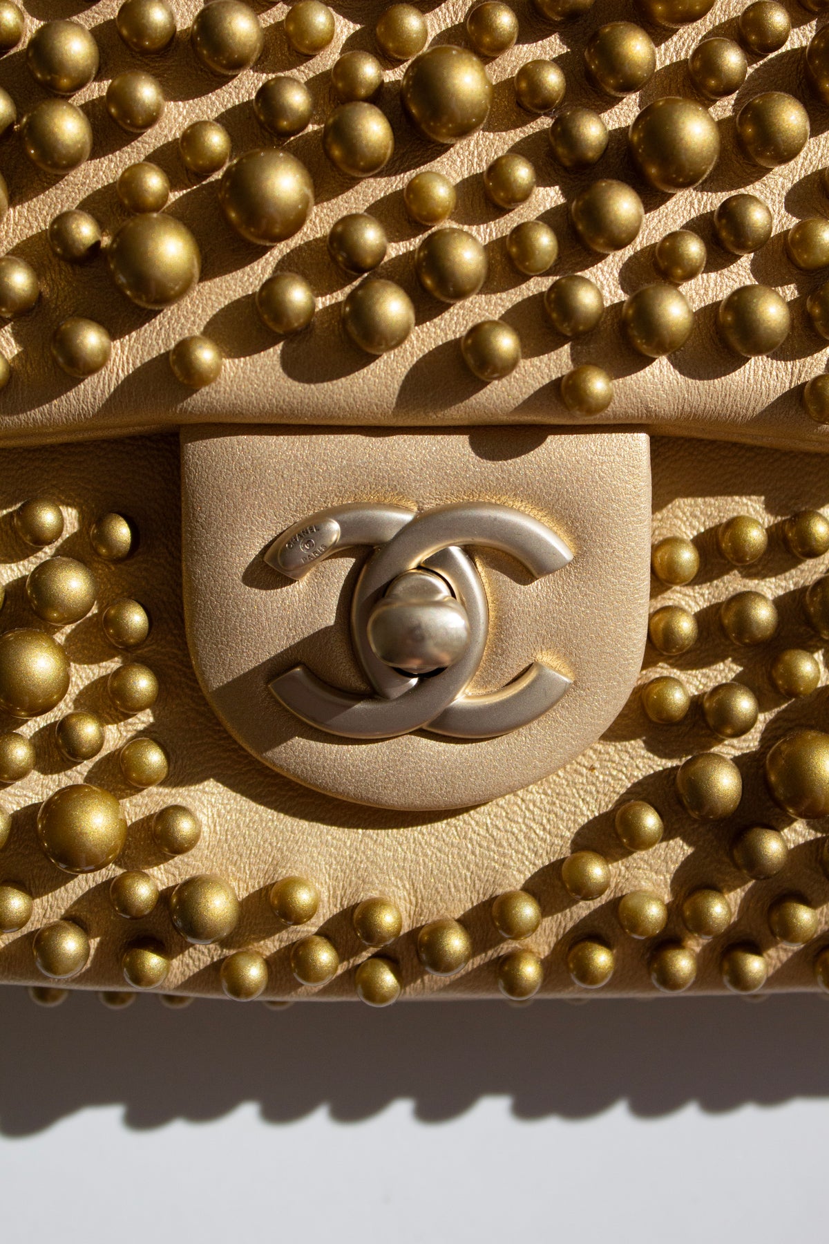 Chanel Cruise 2015 Dubai Gold Pearl-Embellished Lambskin Mini Flap Bag