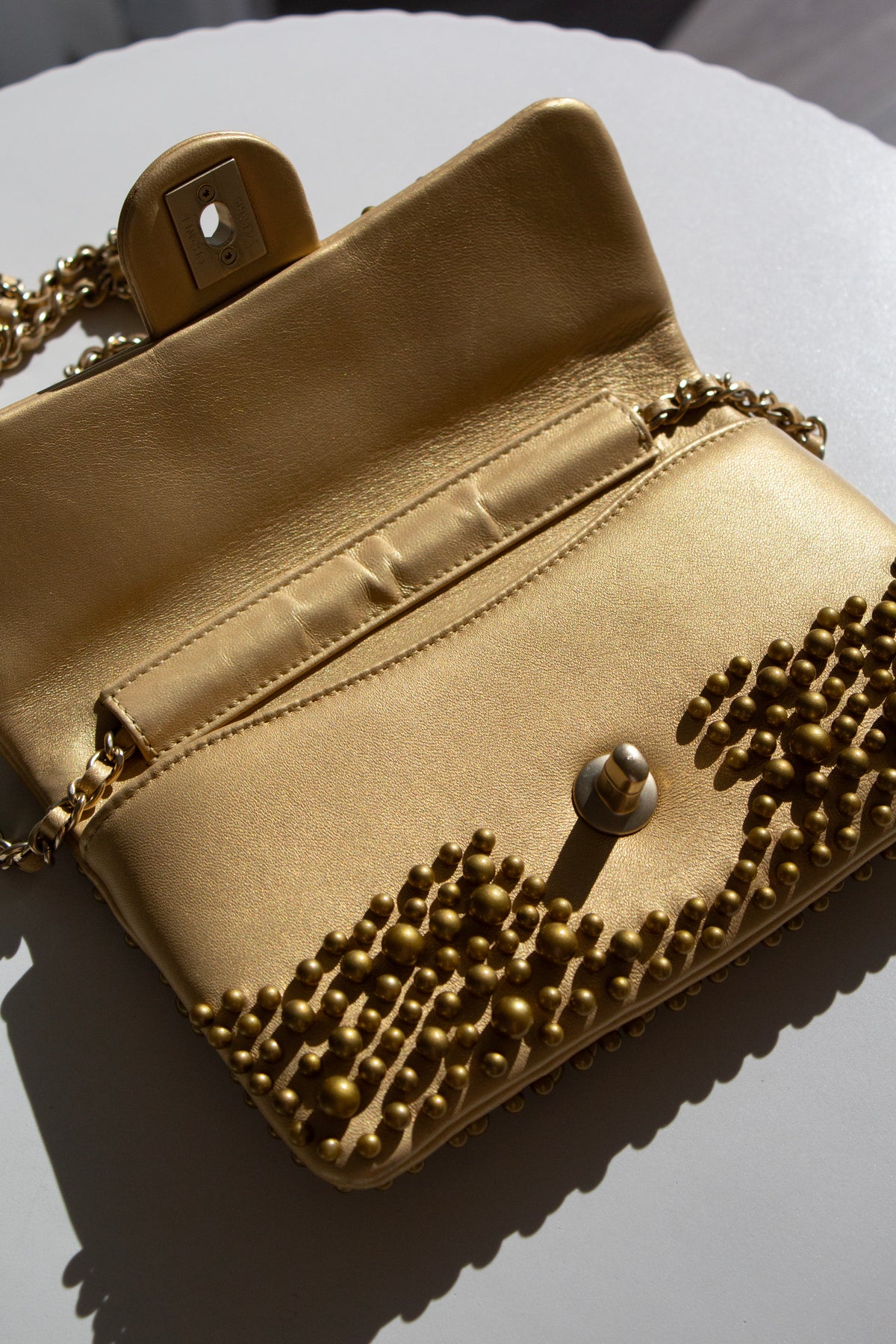 Chanel Cruise 2015 Dubai Gold Pearl-Embellished Lambskin Mini Flap Bag