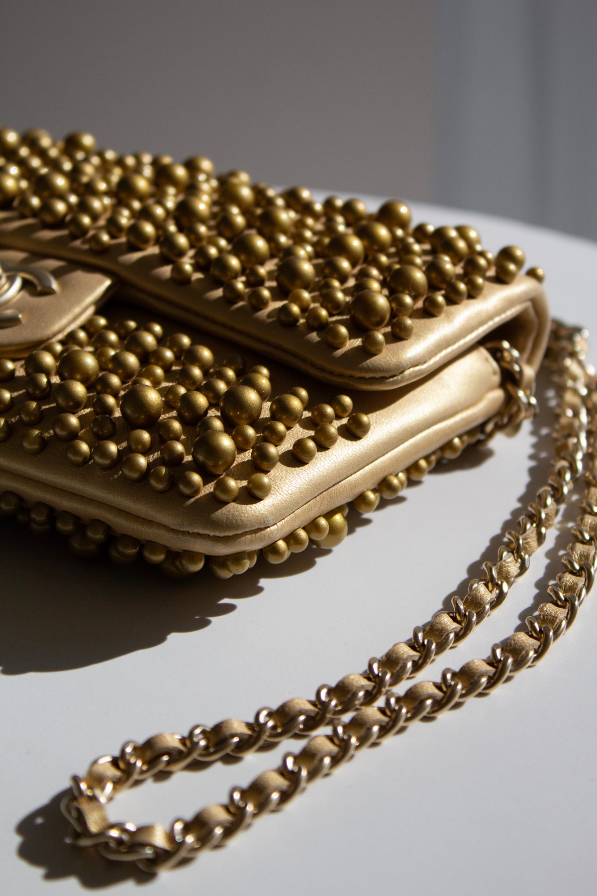 Chanel Cruise 2015 Dubai Gold Pearl-Embellished Lambskin Mini Flap Bag