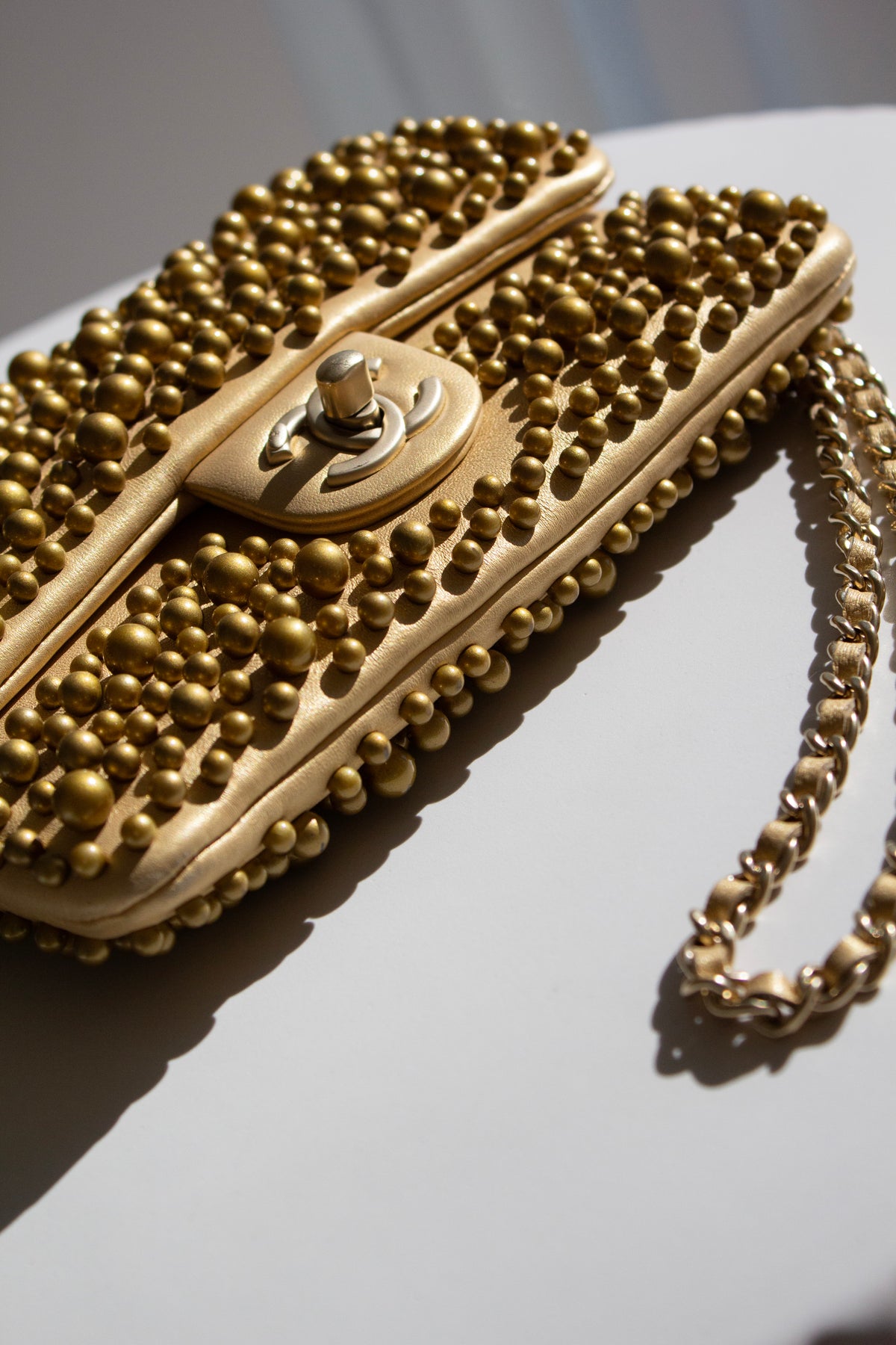 Chanel Cruise 2015 Dubai Gold Pearl-Embellished Lambskin Mini Flap Bag
