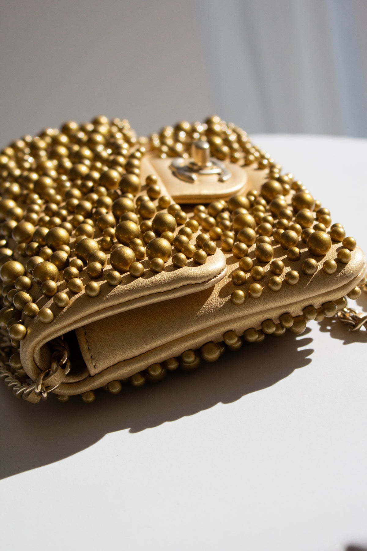 Chanel Cruise 2015 Dubai Gold Pearl-Embellished Lambskin Mini Flap Bag