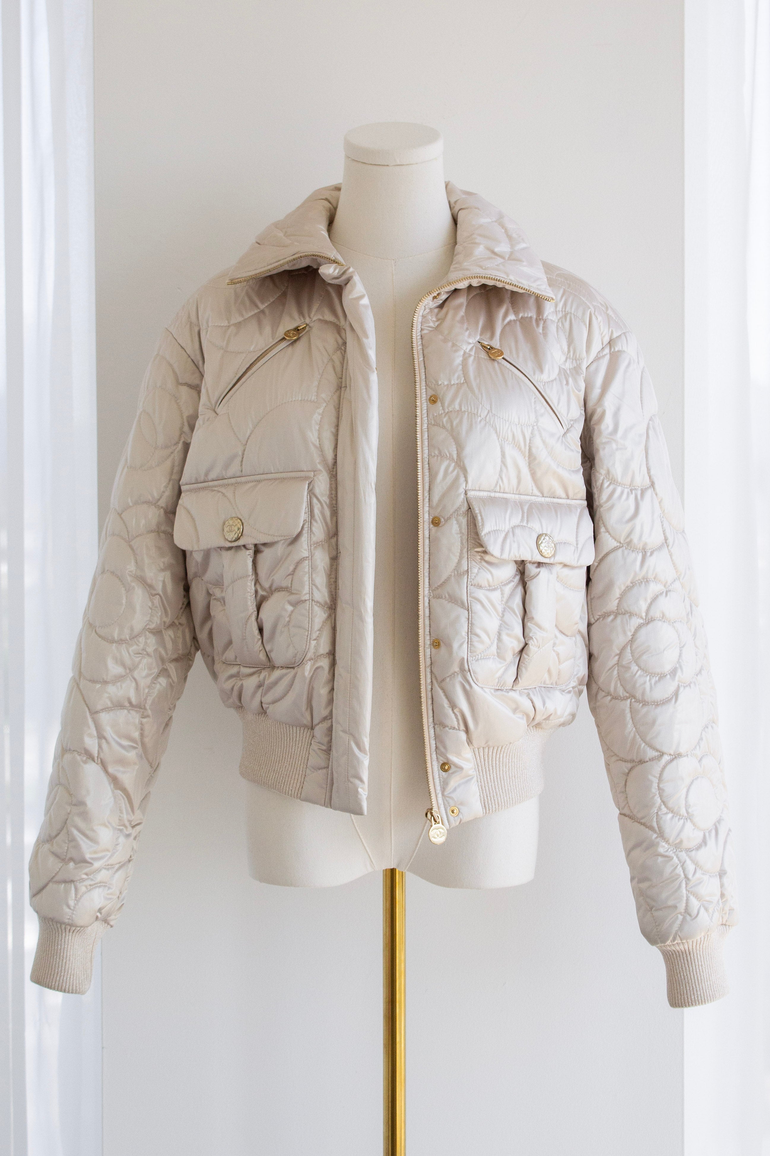 Chanel Coco Neige 2018 Iridescent Gold Camellia 18B Puffer Down Jacket