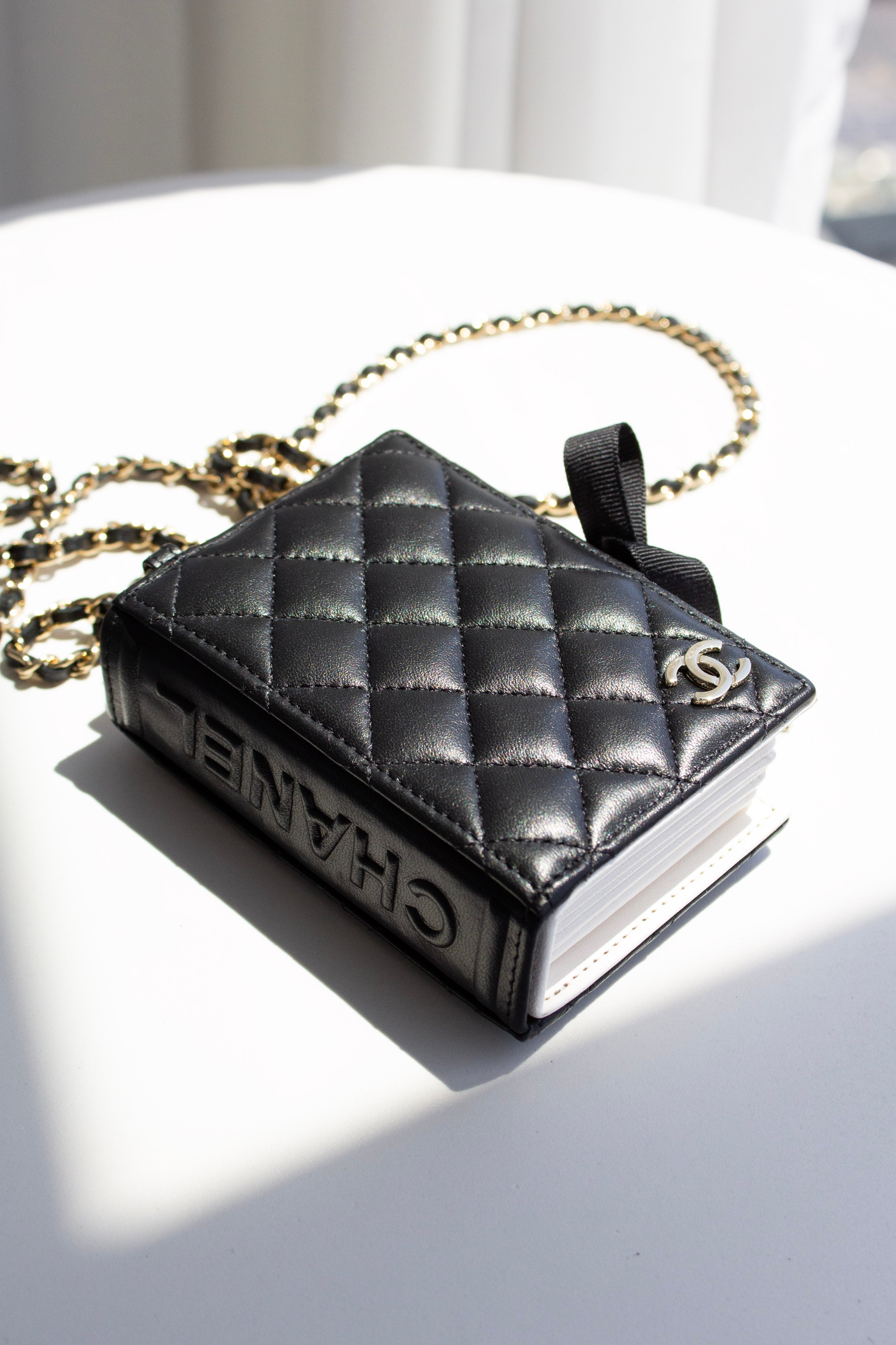 Chanel 2022 Black Lambskin Book Gold Chain 22B Cardholder