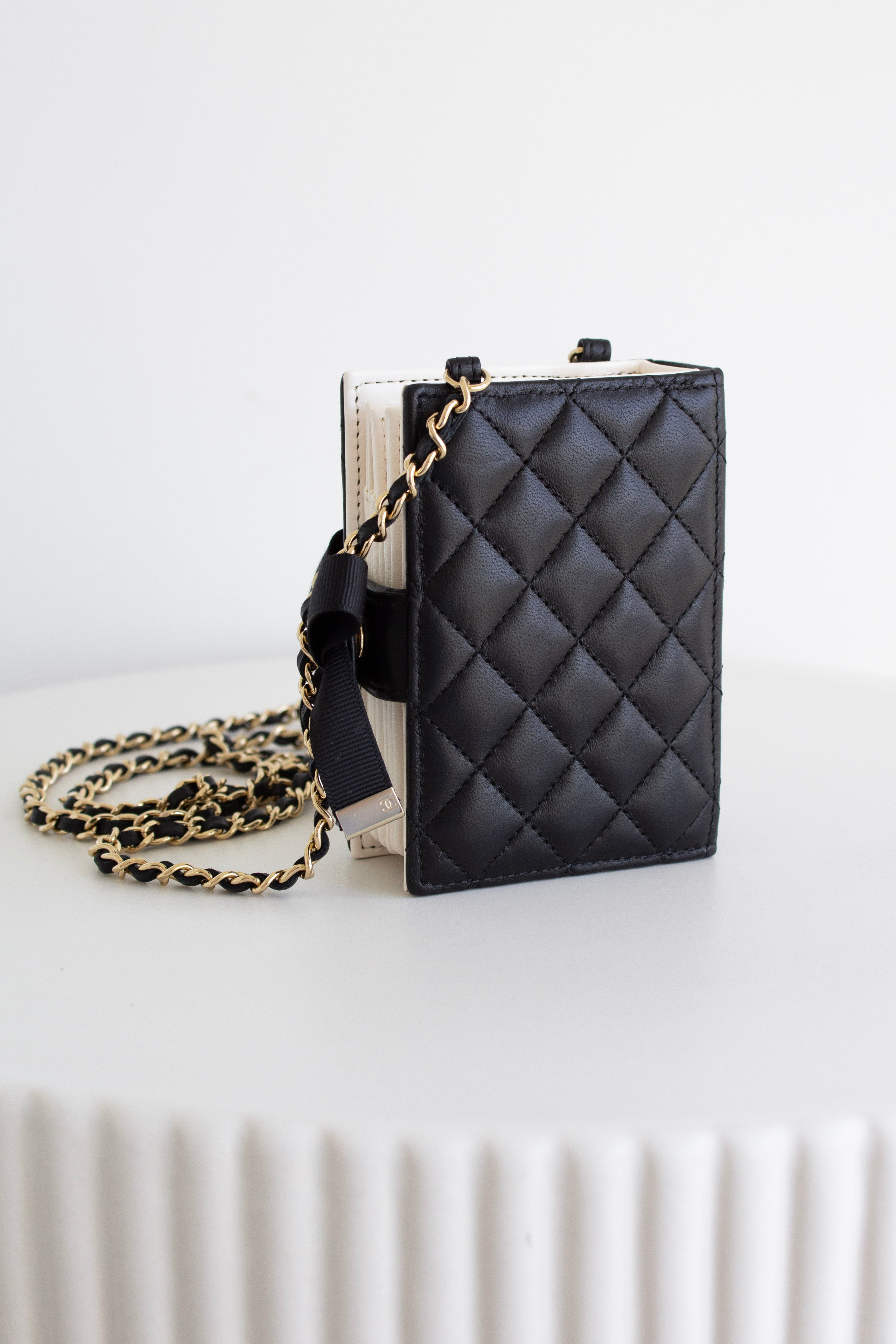 Chanel 2022 Black Lambskin Book Gold Chain 22B Cardholder