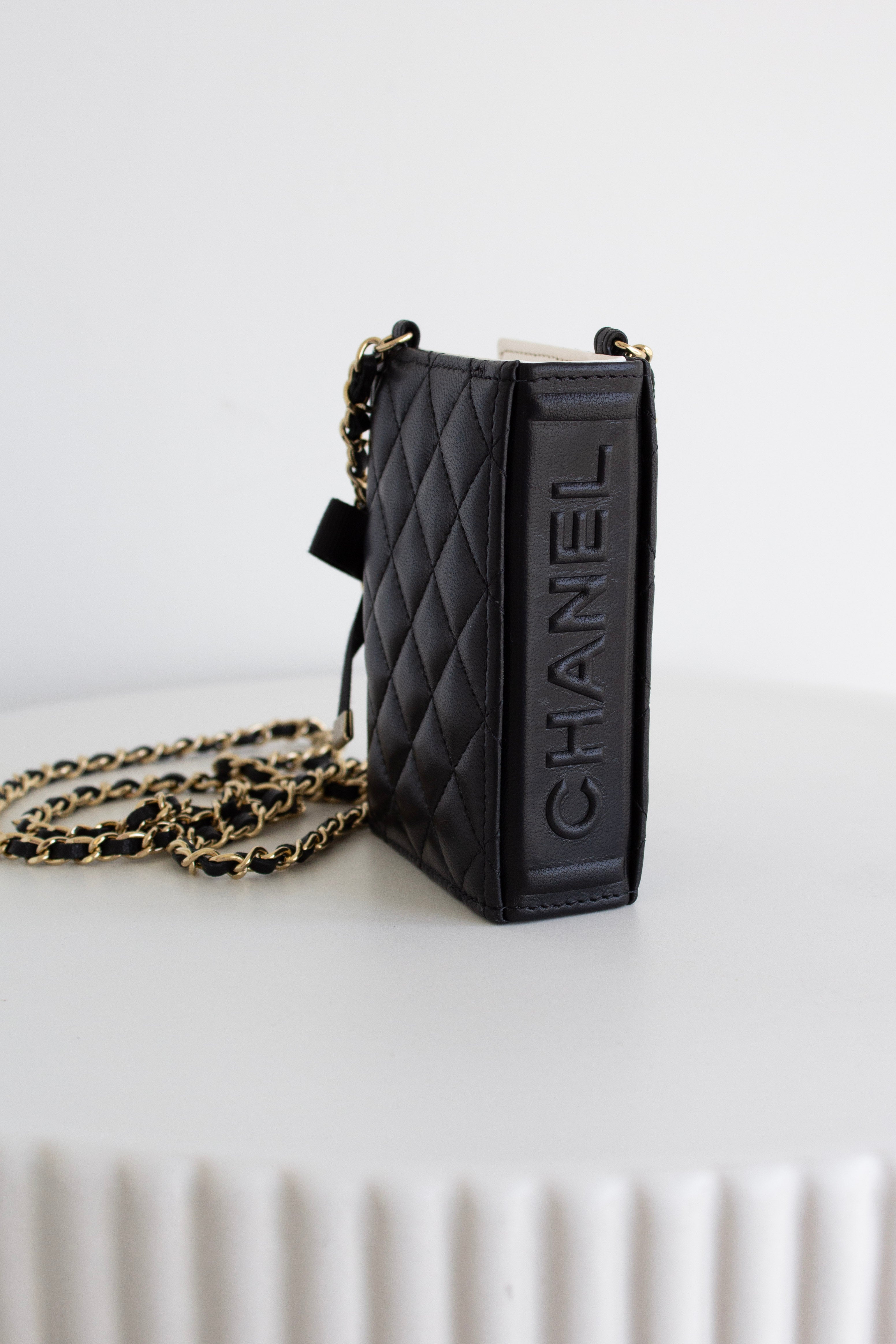 Chanel 2022 Black Lambskin Book Gold Chain 22B Cardholder