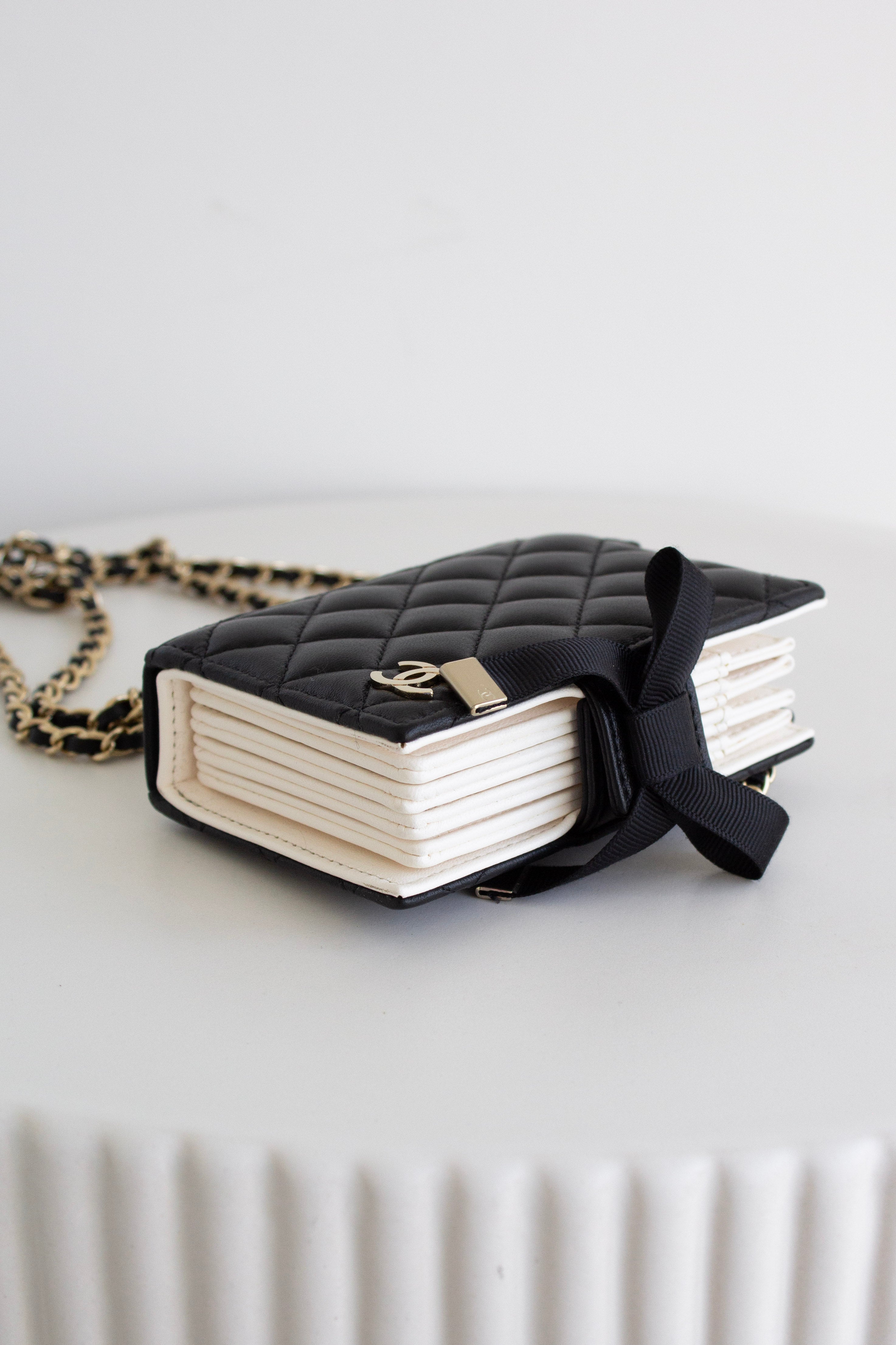 Chanel 2022 Black Lambskin Book Gold Chain 22B Cardholder