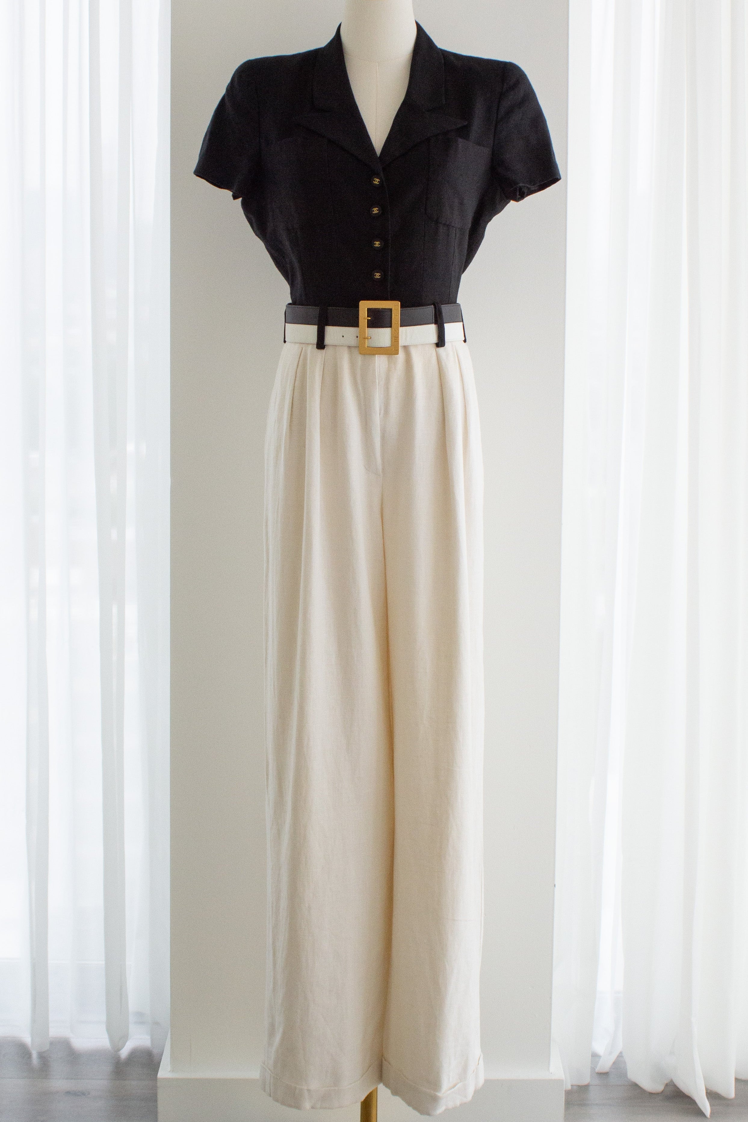 Chanel Vintage S/S 1995 Barbie Black White CC Belt Linen Jumpsuit 95P