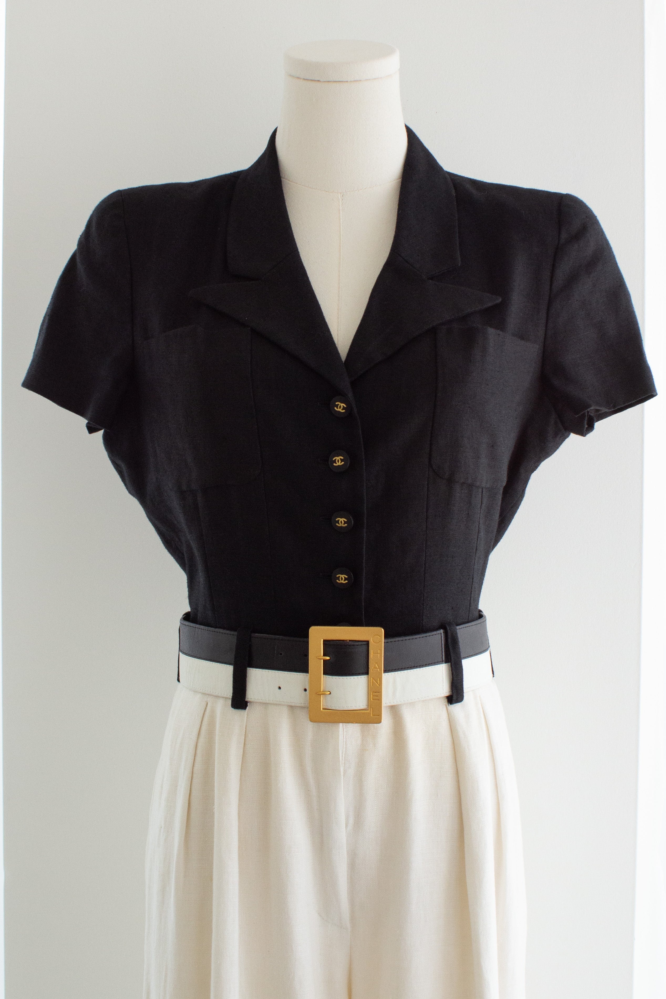 Chanel Vintage S/S 1995 Barbie Black White CC Belt Linen Jumpsuit 95P