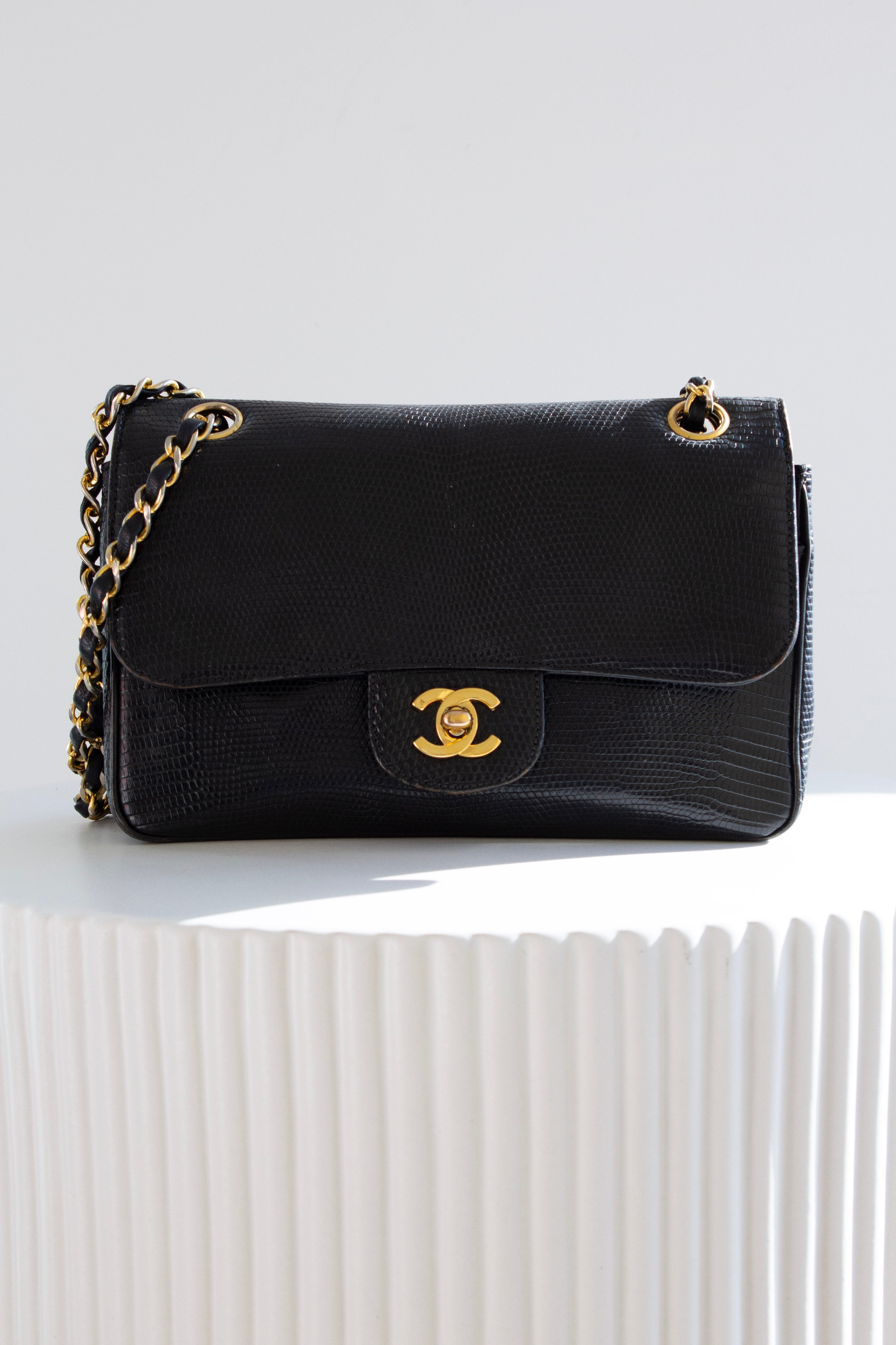 Chanel Vintage Small Classic Flap Exotic Lizard Leather 24K Gold CC Black Bag