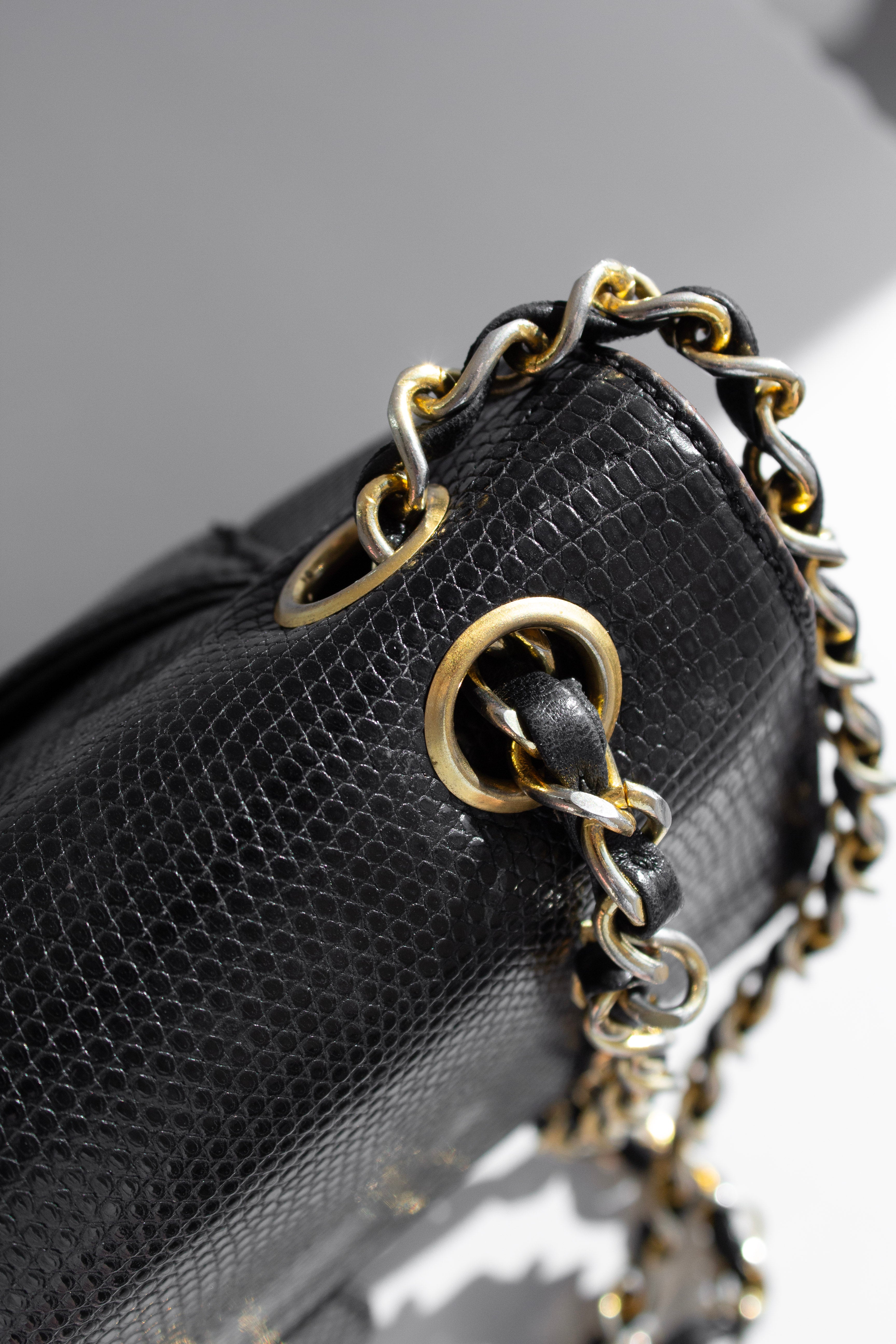Chanel Vintage Small Classic Flap Exotic Lizard Leather 24K Gold CC Black Bag