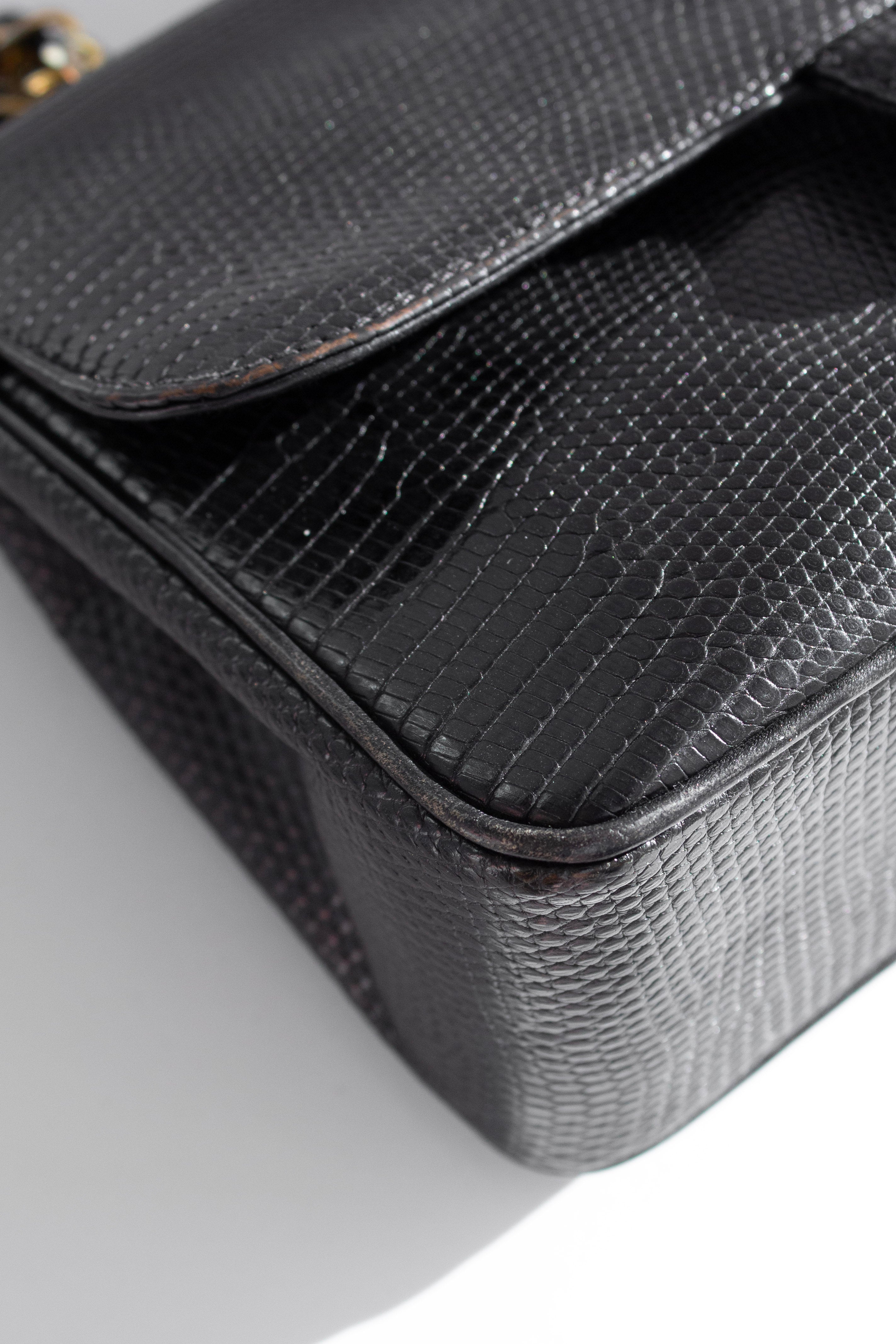 Chanel Vintage Small Classic Flap Exotic Lizard Leather 24K Gold CC Black Bag