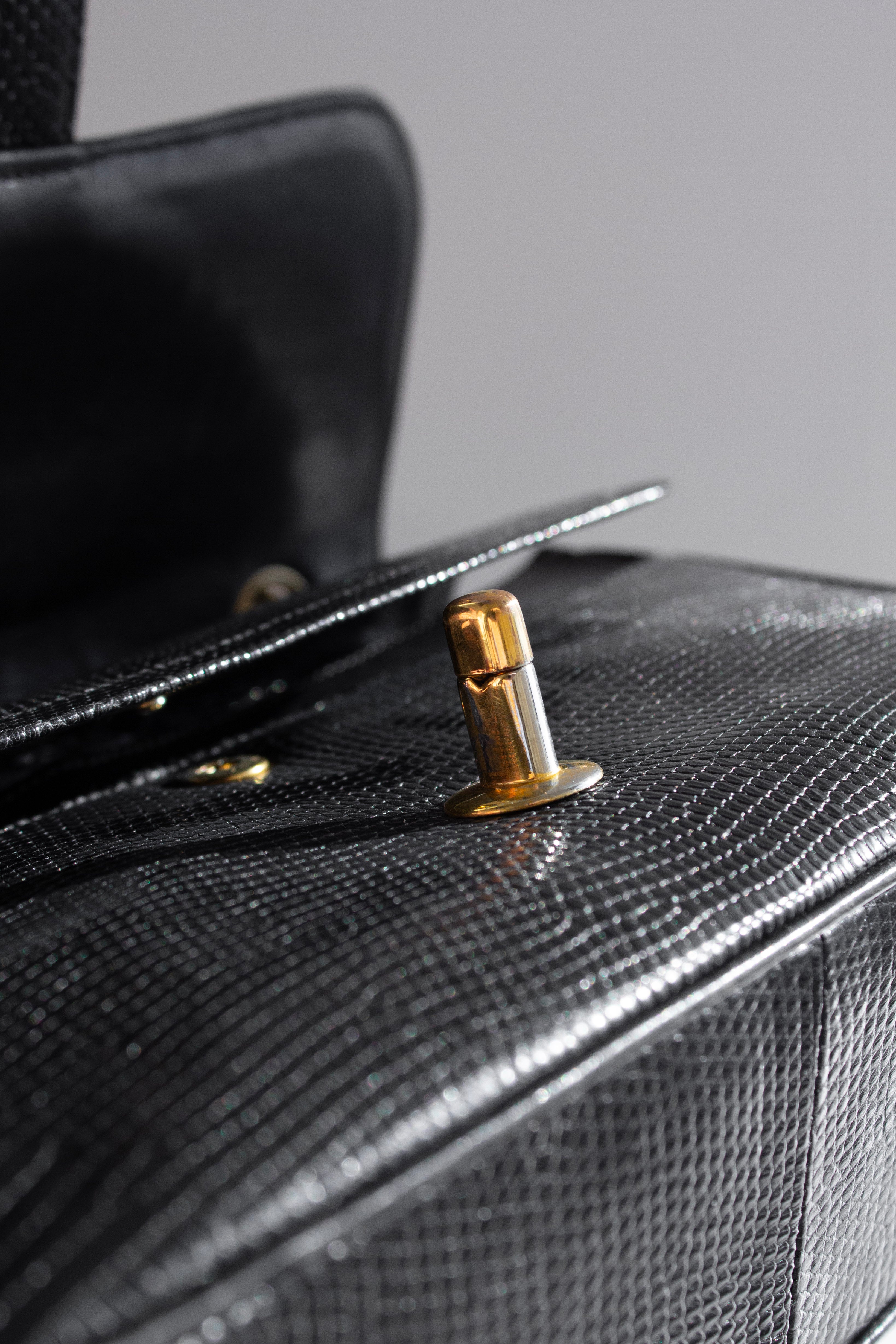 Chanel Vintage Small Classic Flap Exotic Lizard Leather 24K Gold CC Black Bag