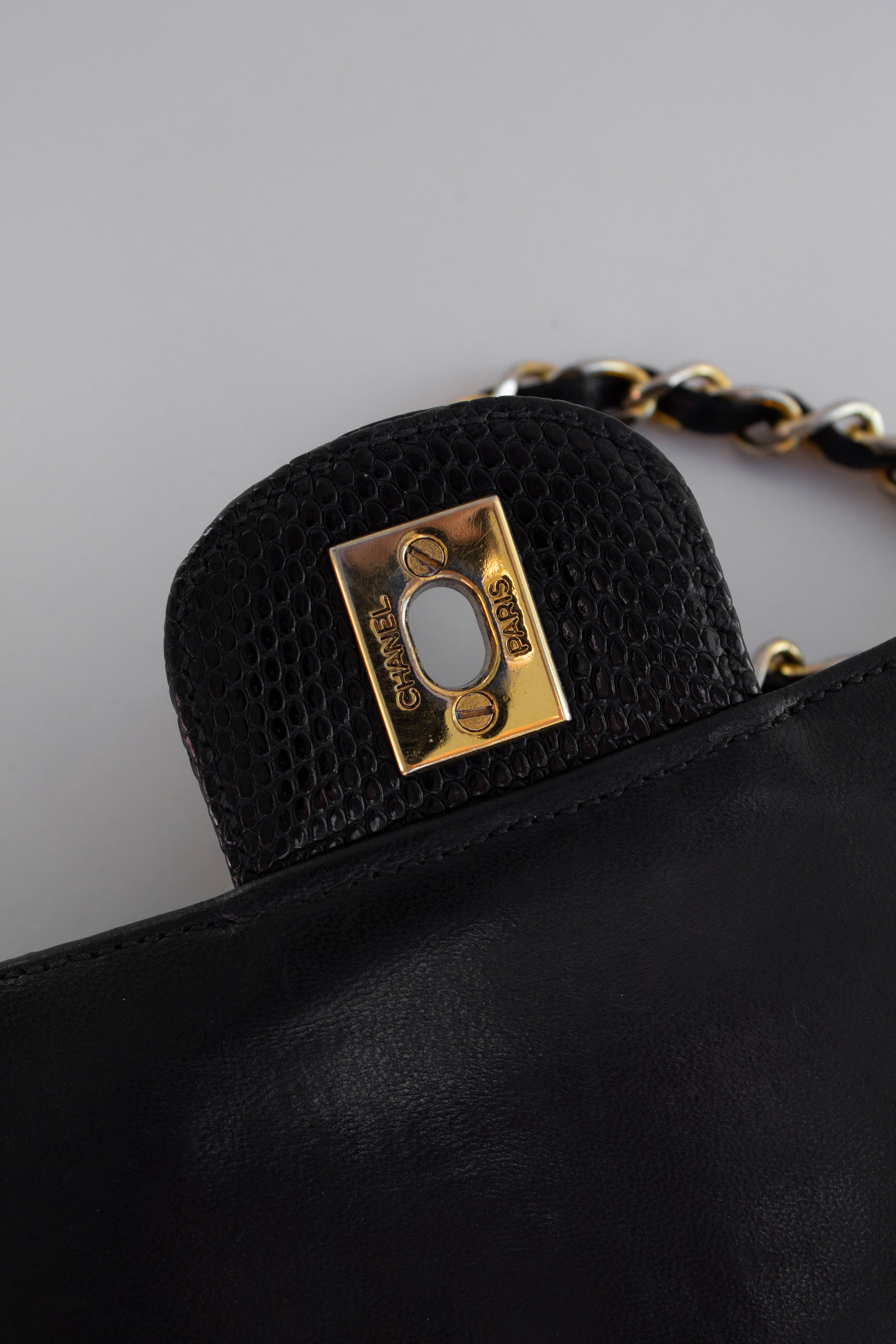 Chanel Vintage Small Classic Flap Exotic Lizard Leather 24K Gold CC Black Bag