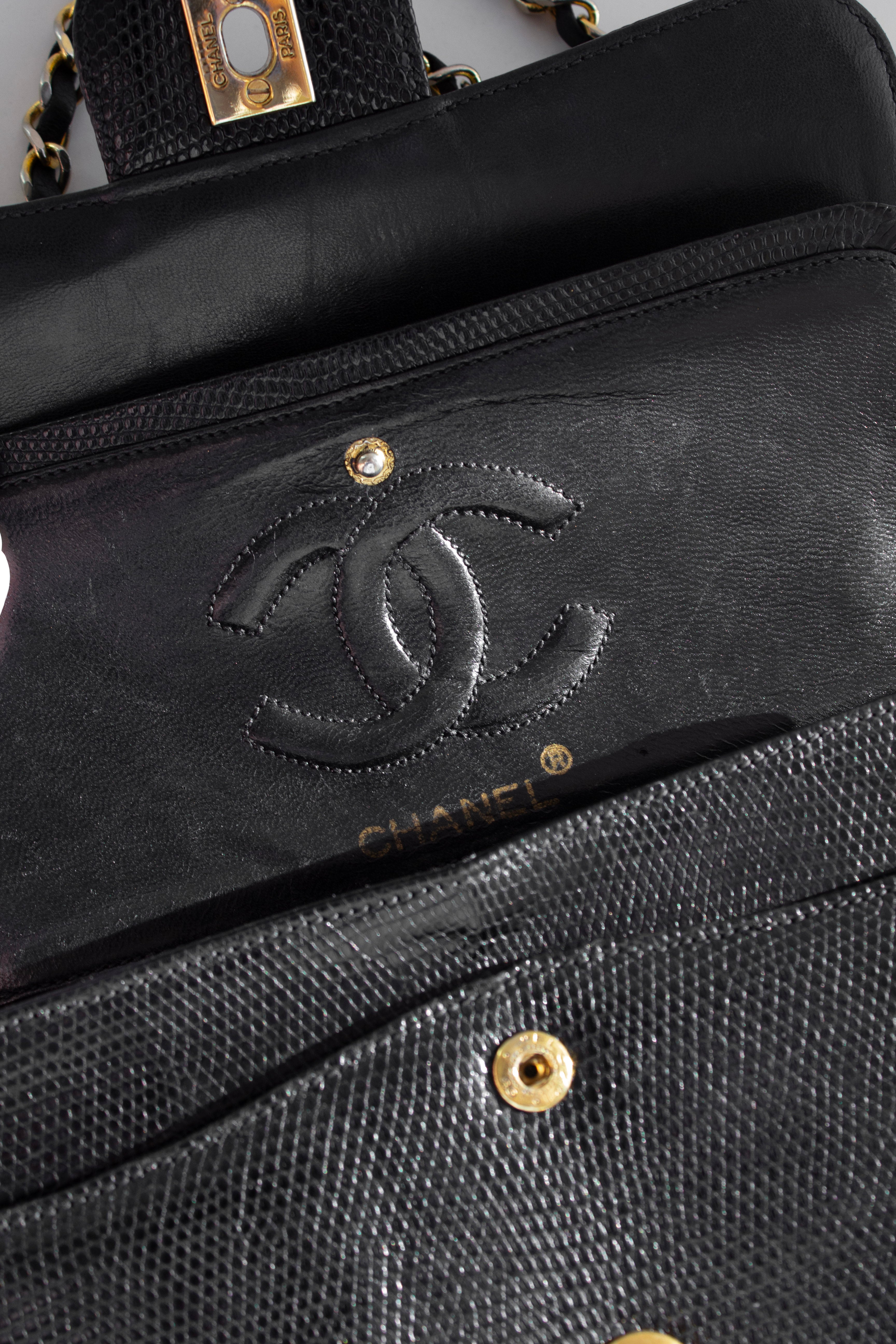 Chanel Vintage Small Classic Flap Exotic Lizard Leather 24K Gold CC Black Bag