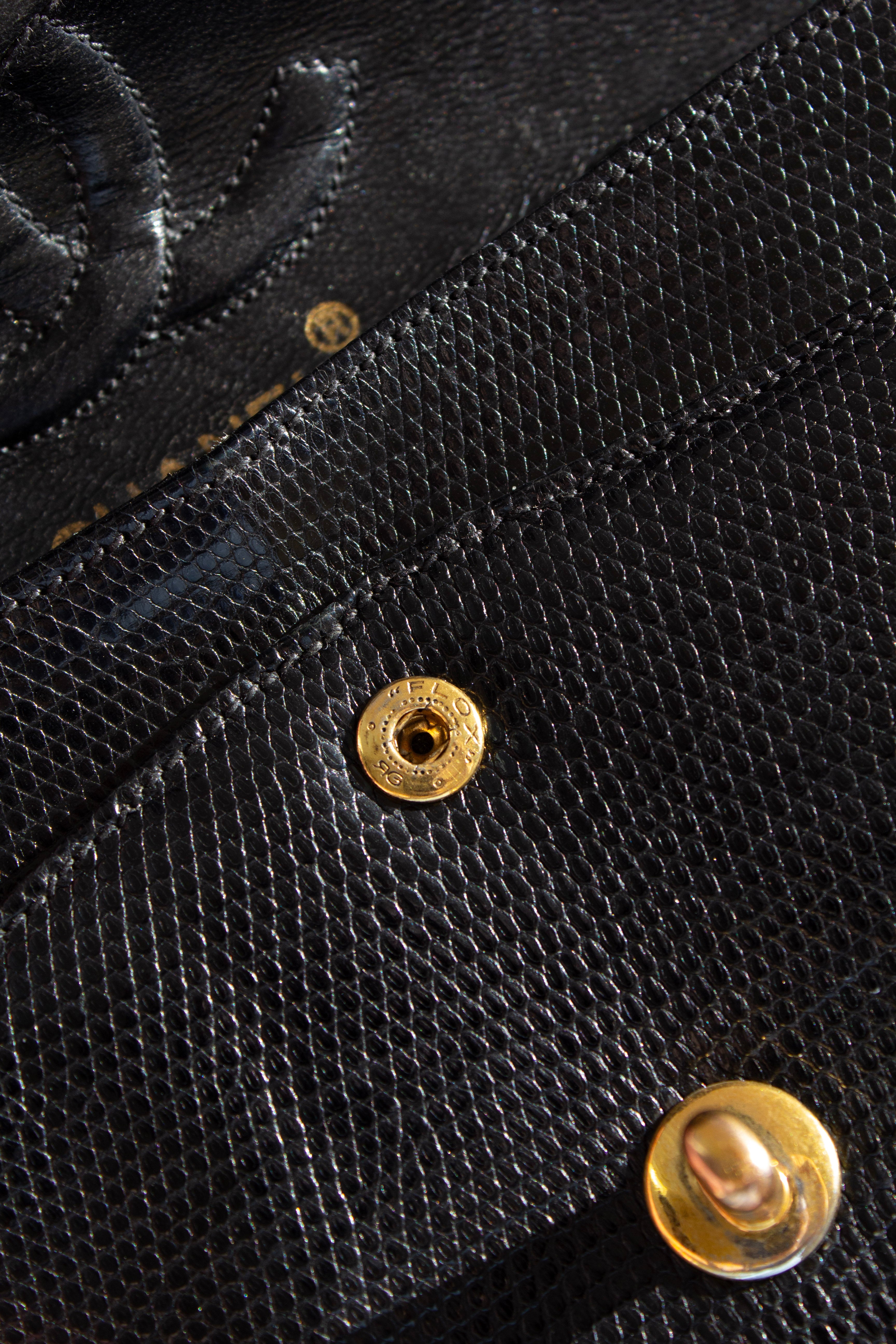 Chanel Vintage Small Classic Flap Exotic Lizard Leather 24K Gold CC Black Bag