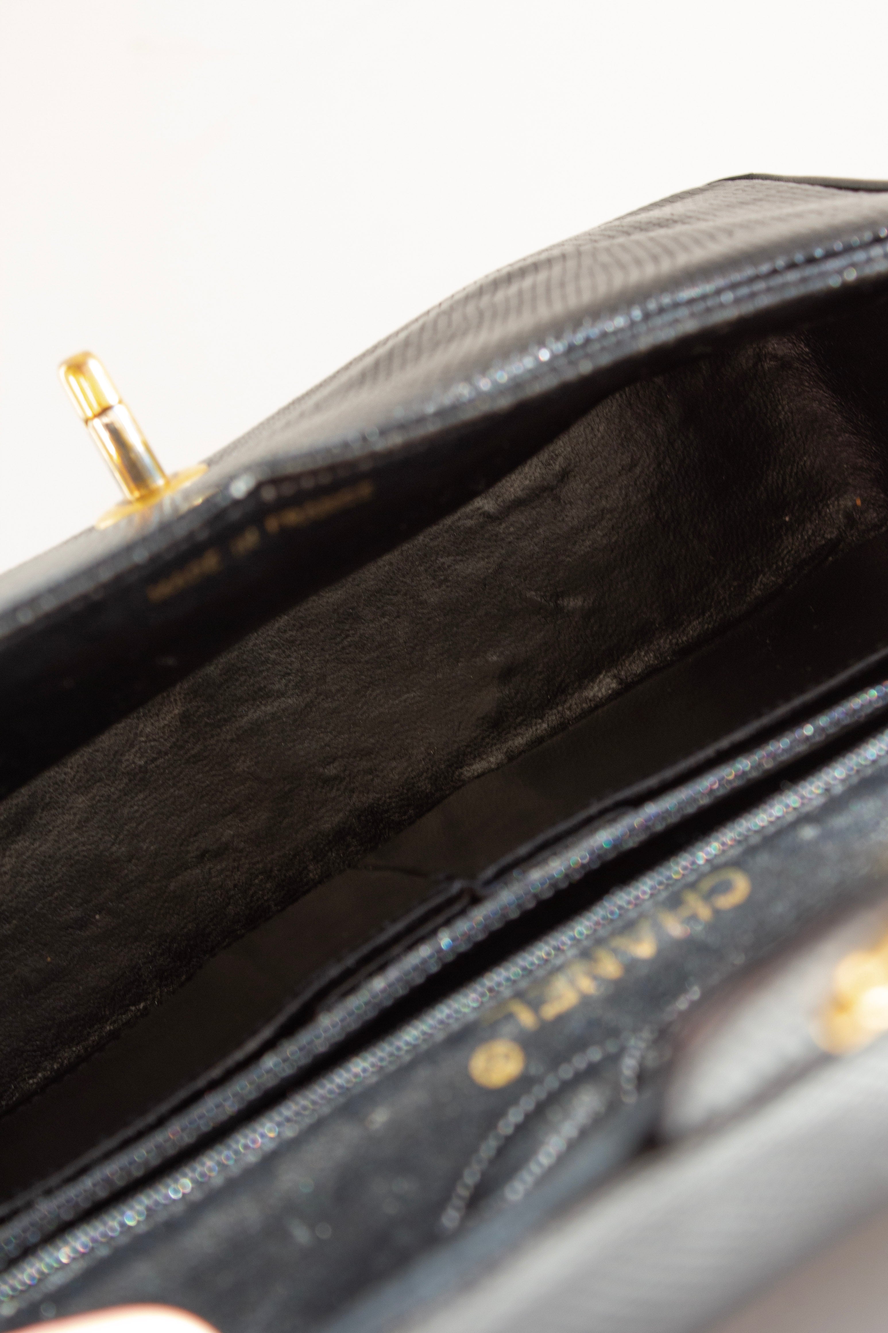 Chanel Vintage Small Classic Flap Exotic Lizard Leather 24K Gold CC Black Bag