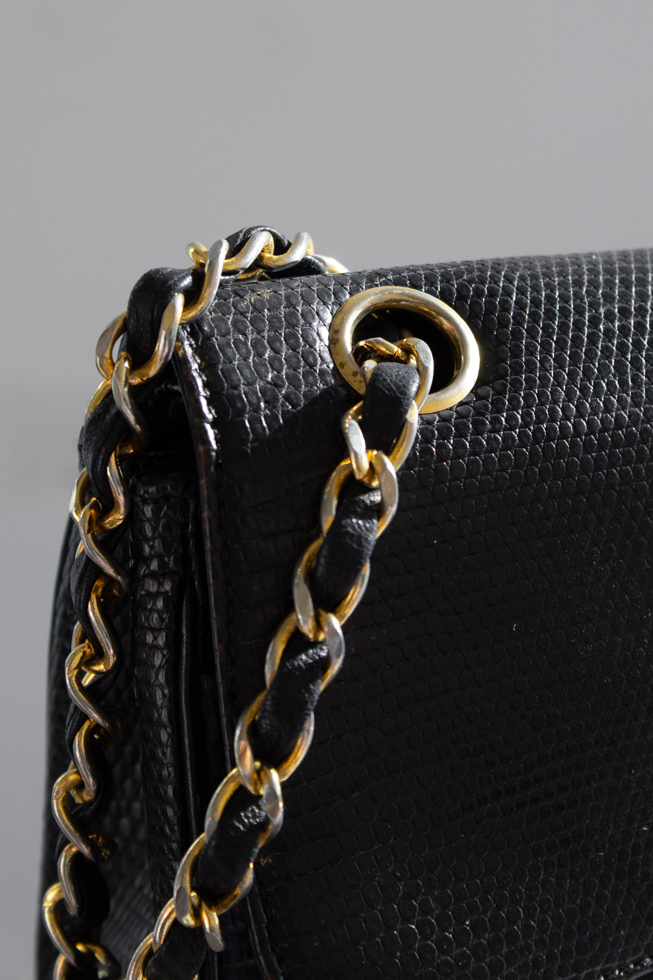 Chanel Vintage Small Classic Flap Exotic Lizard Leather 24K Gold CC Black Bag
