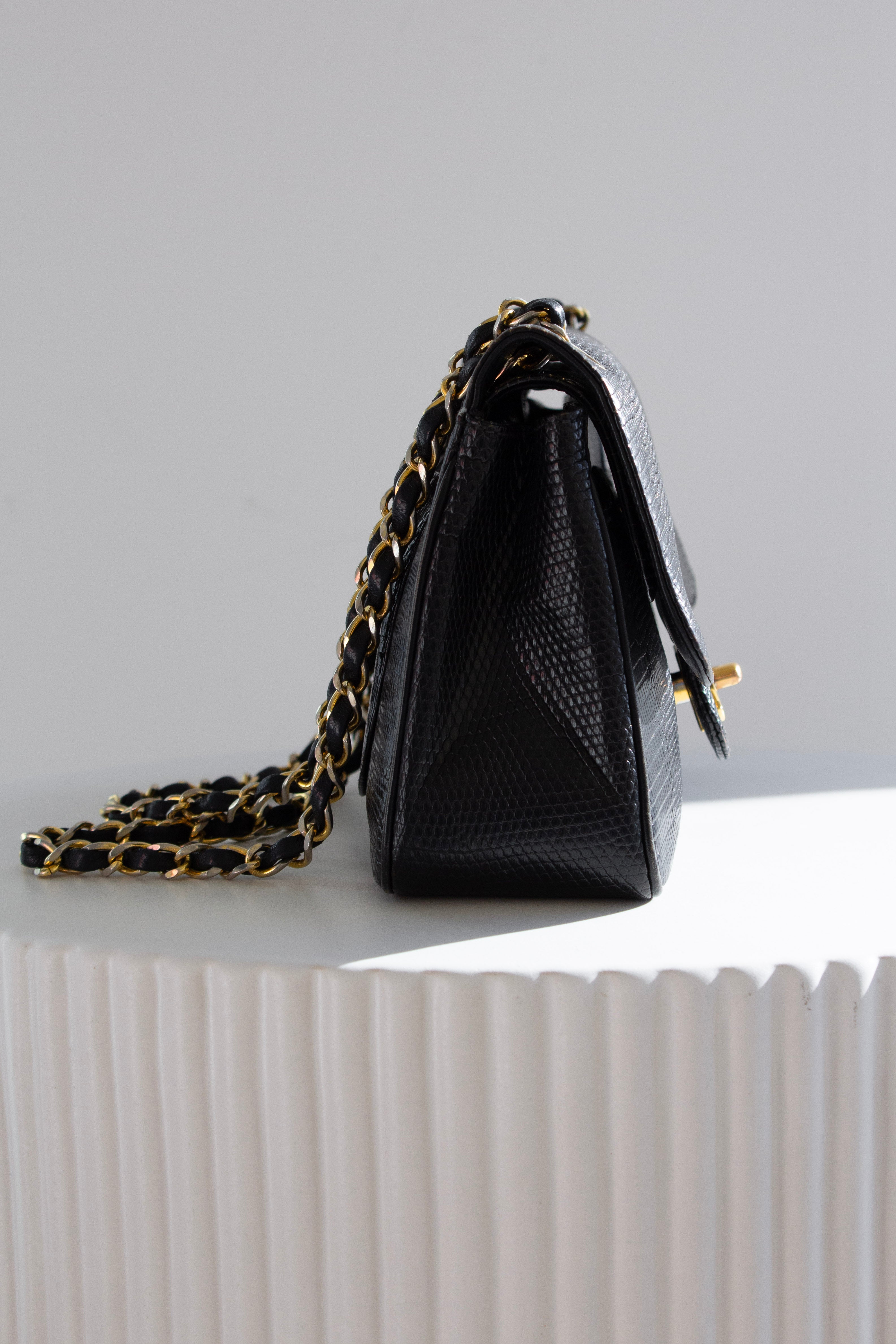 Chanel Vintage Small Classic Flap Exotic Lizard Leather 24K Gold CC Black Bag
