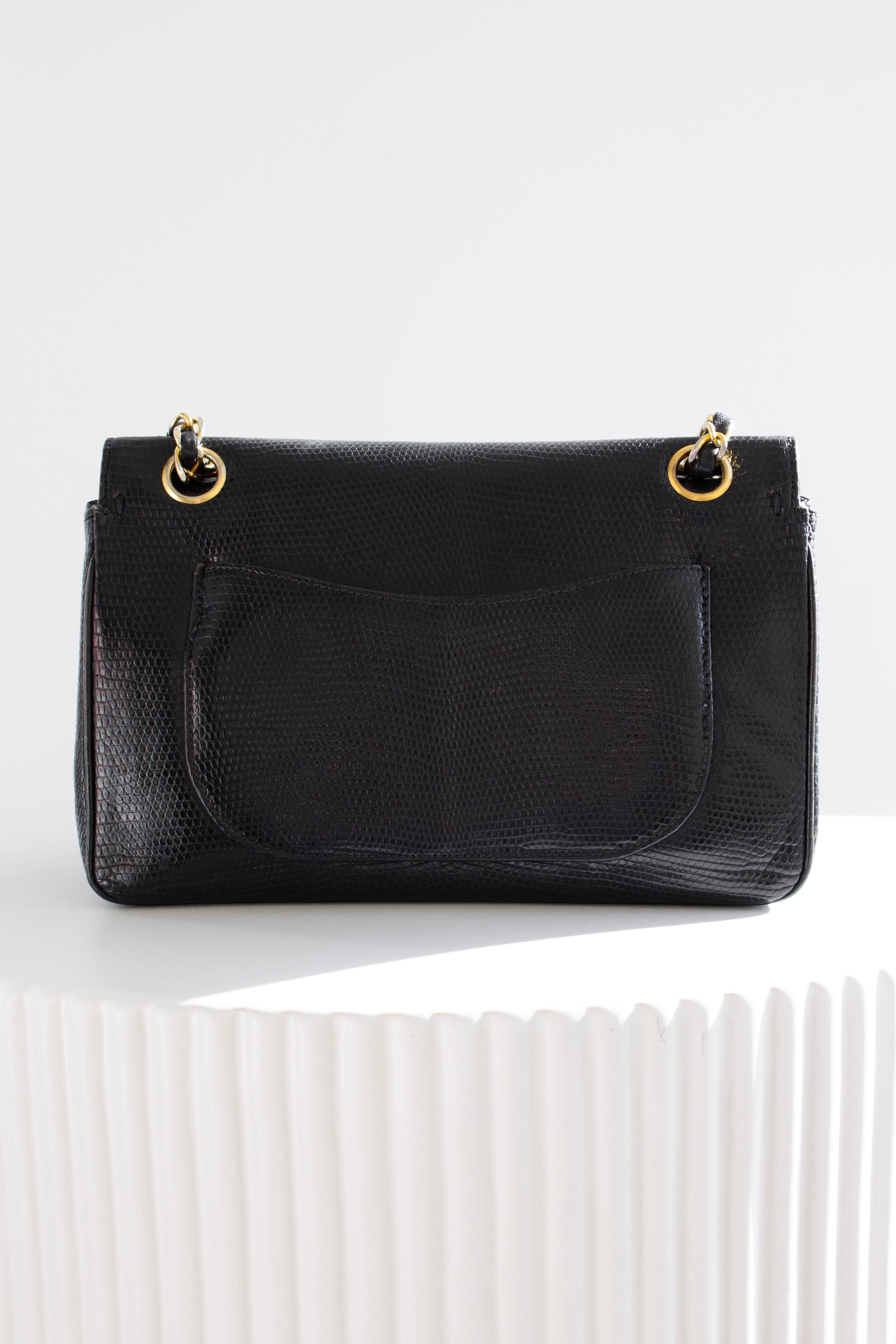 Chanel Vintage Small Classic Flap Exotic Lizard Leather 24K Gold CC Black Bag