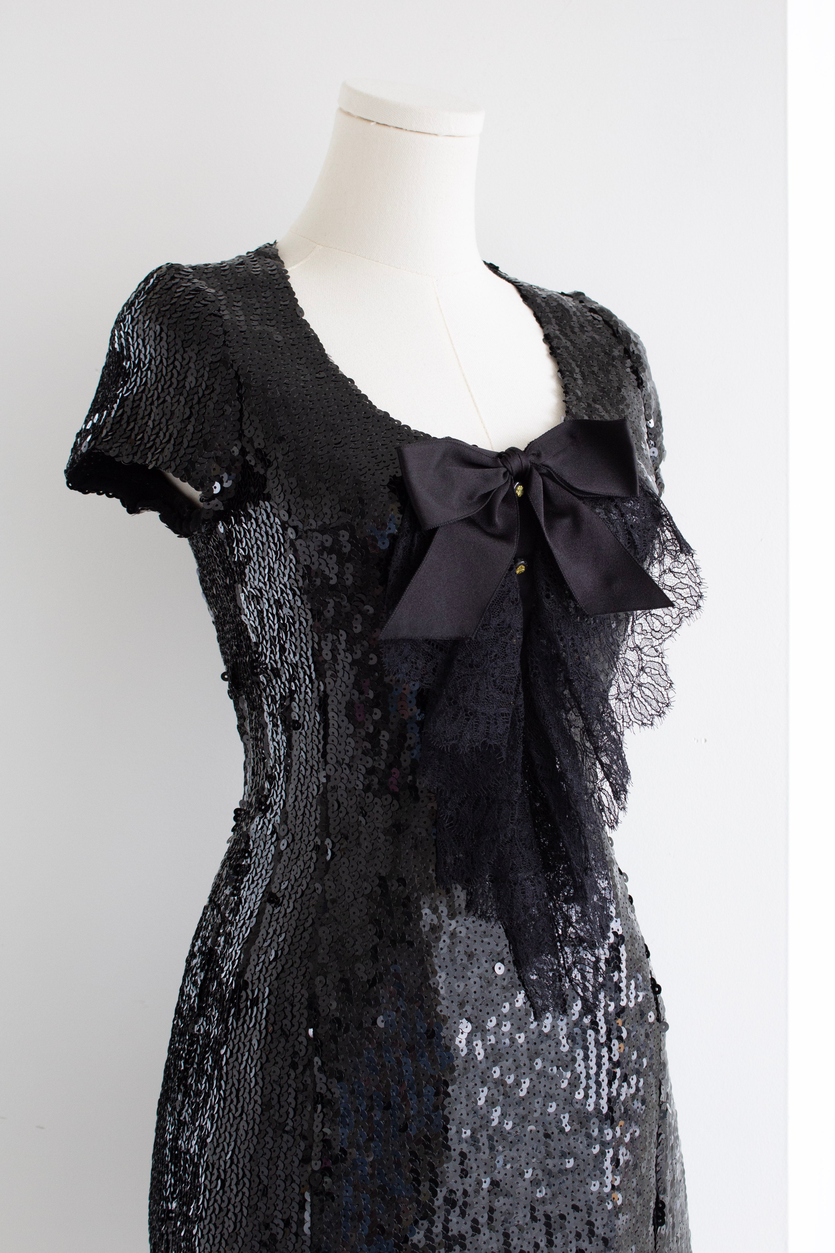 Chanel F/W 1994 Black Sequin Lace Bow Camellia 94A Mini Dress