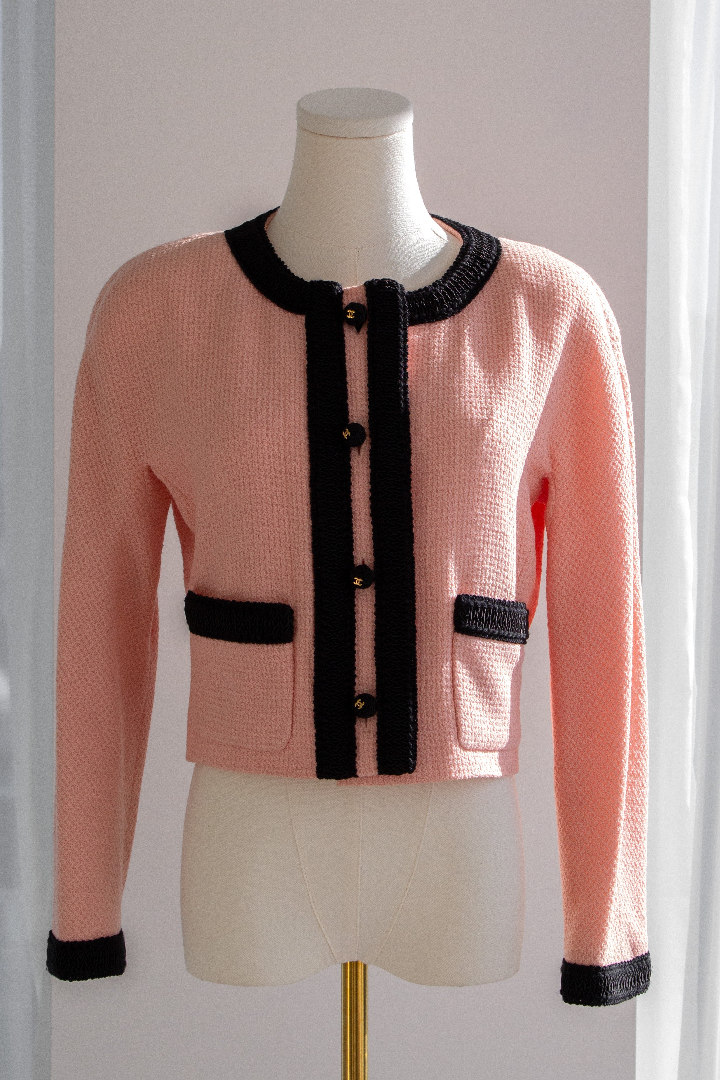 Chanel Vintage S/S 1990 Pink Black CC Tweed Jacket