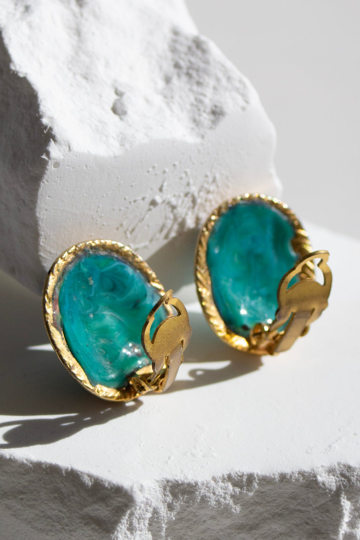 Attributed to Chanel Vintage Gold-Tone Turquoise Pâte de Verre Glass Clip-On Earrings