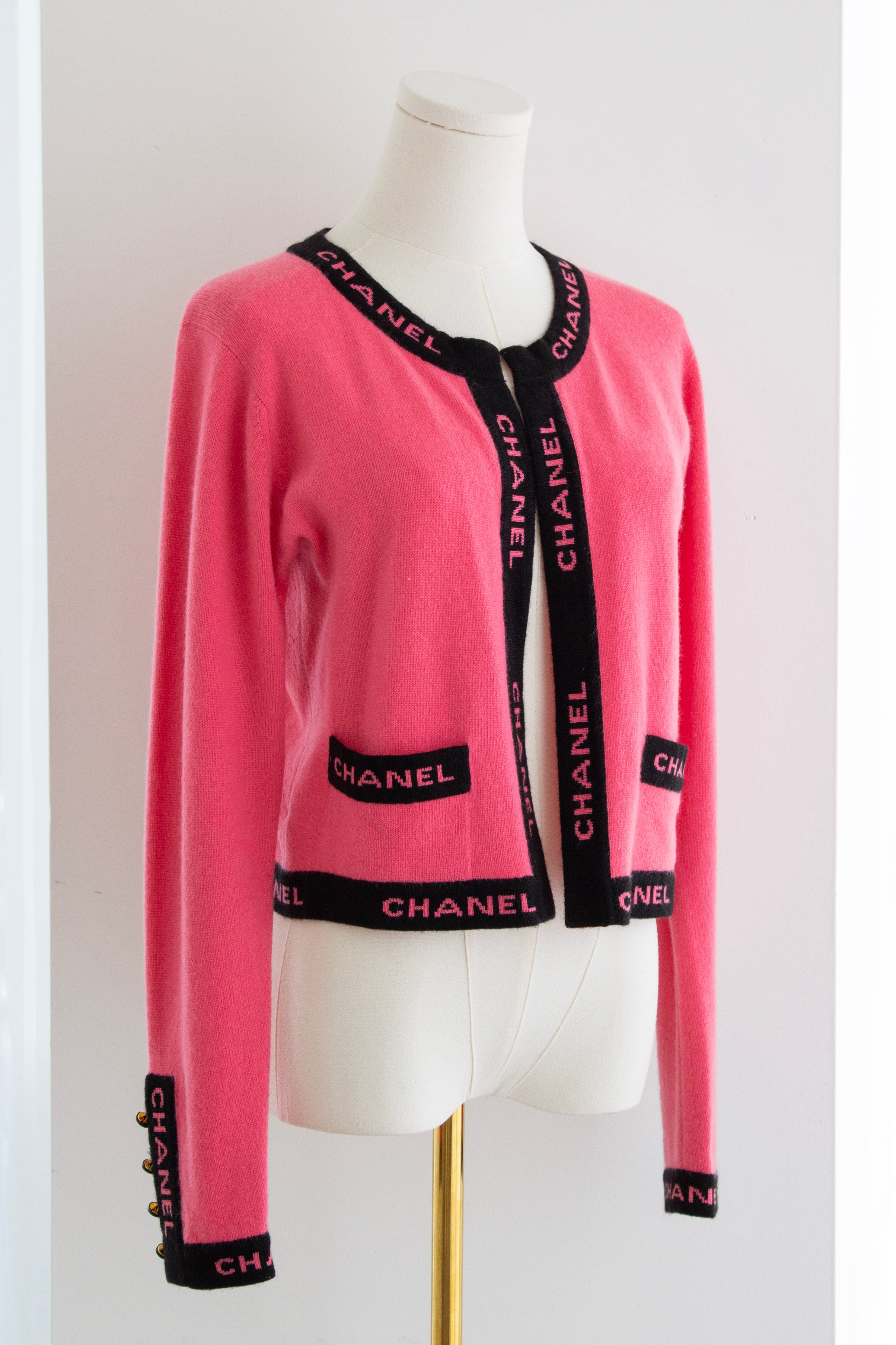 Chanel Cruise 1994/1995 Watermelon Pink Black CC Logo Cashmere Cardigan