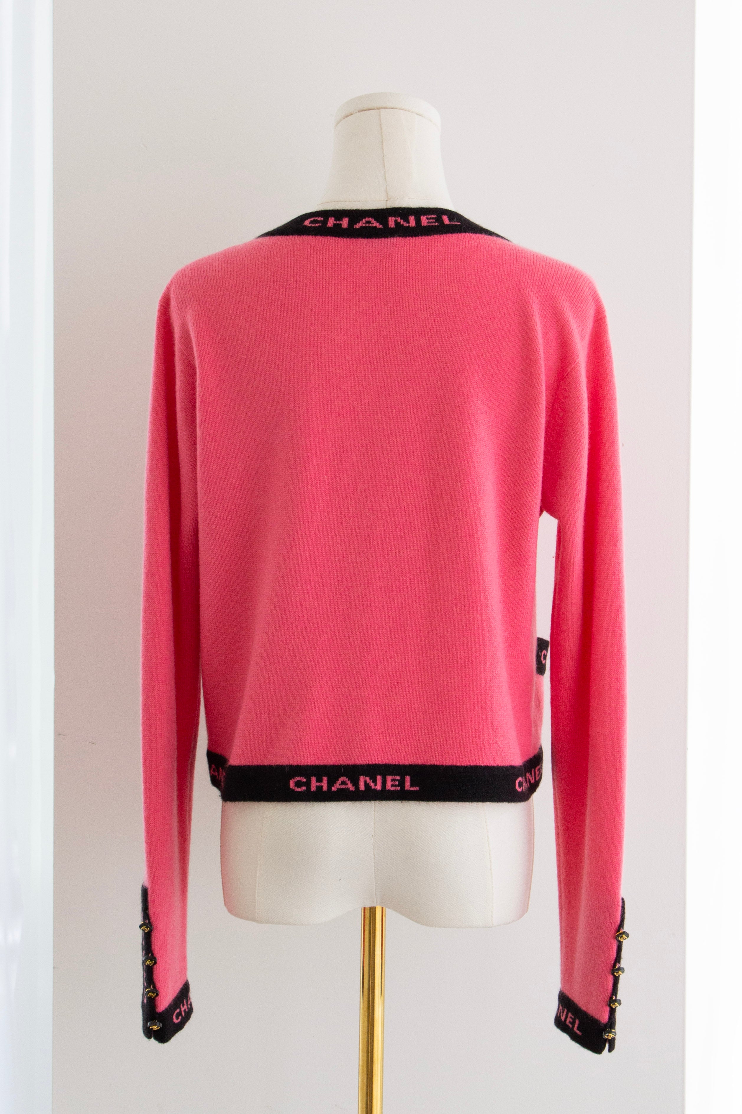 Chanel Cruise 1994/1995 Watermelon Pink Black CC Logo Cashmere Cardigan