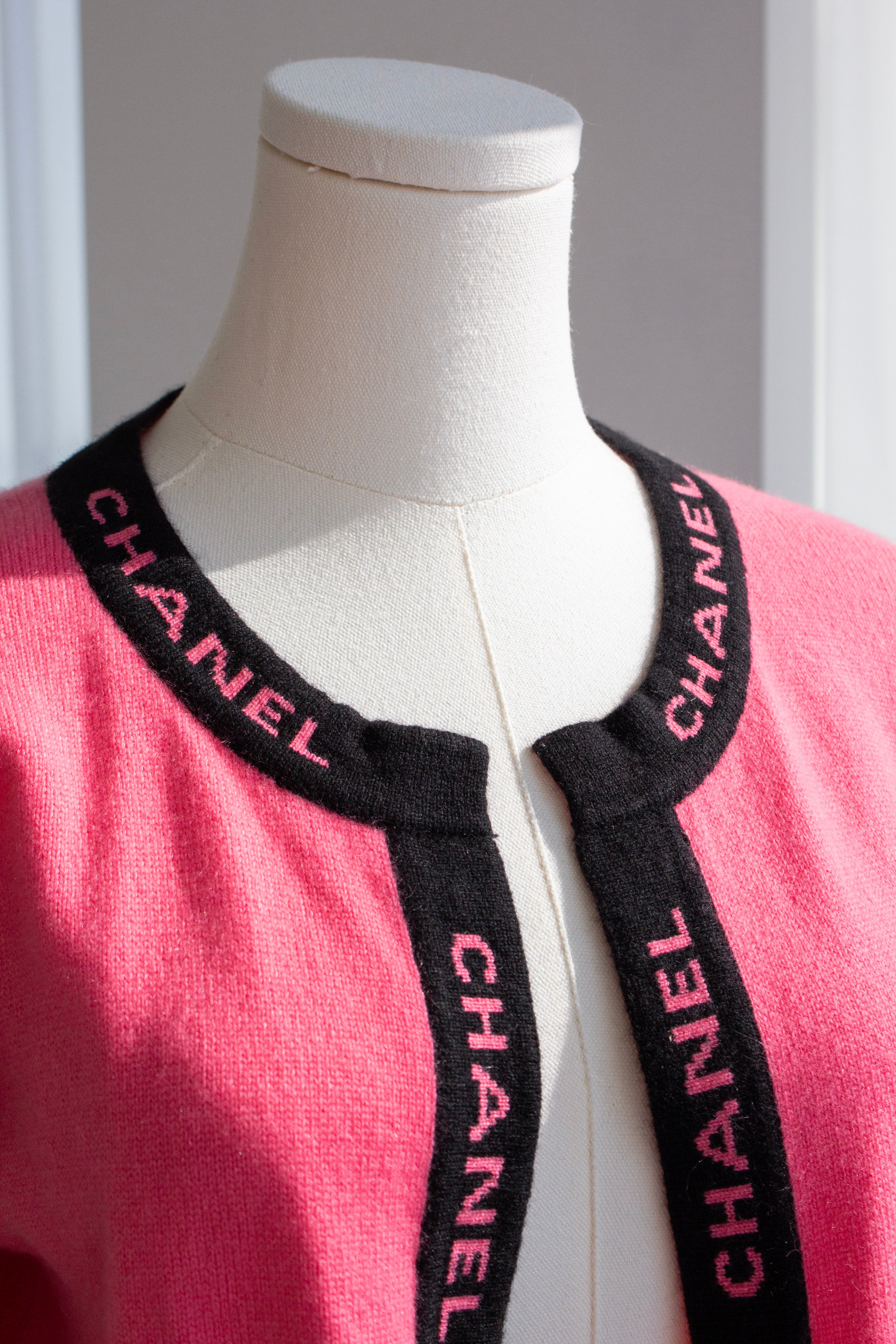Chanel Cruise 1994/1995 Watermelon Pink Black CC Logo Cashmere Cardigan