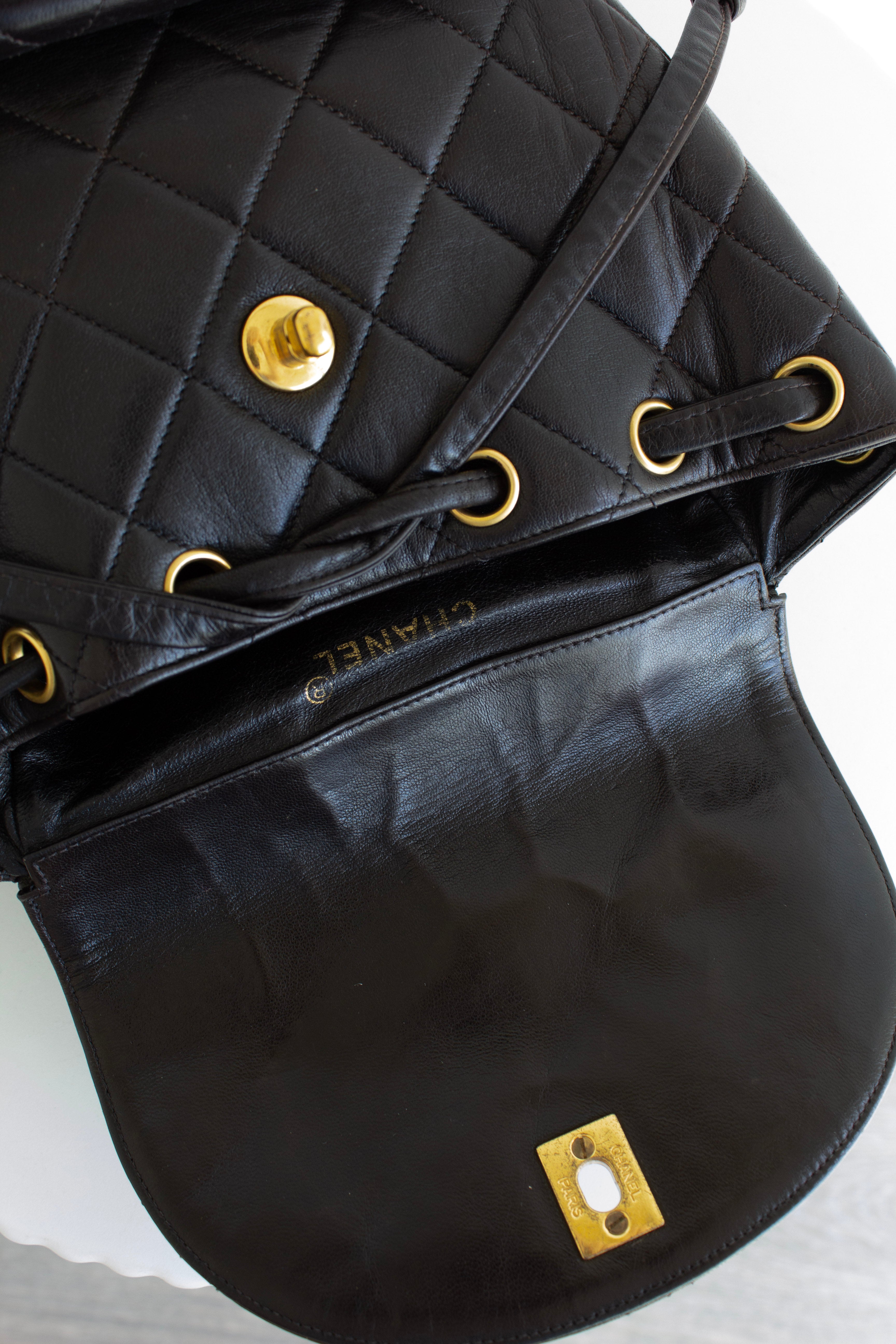 Chanel Vintage Duma Black Lambskin Leather Quilted 24K Gold Backpack