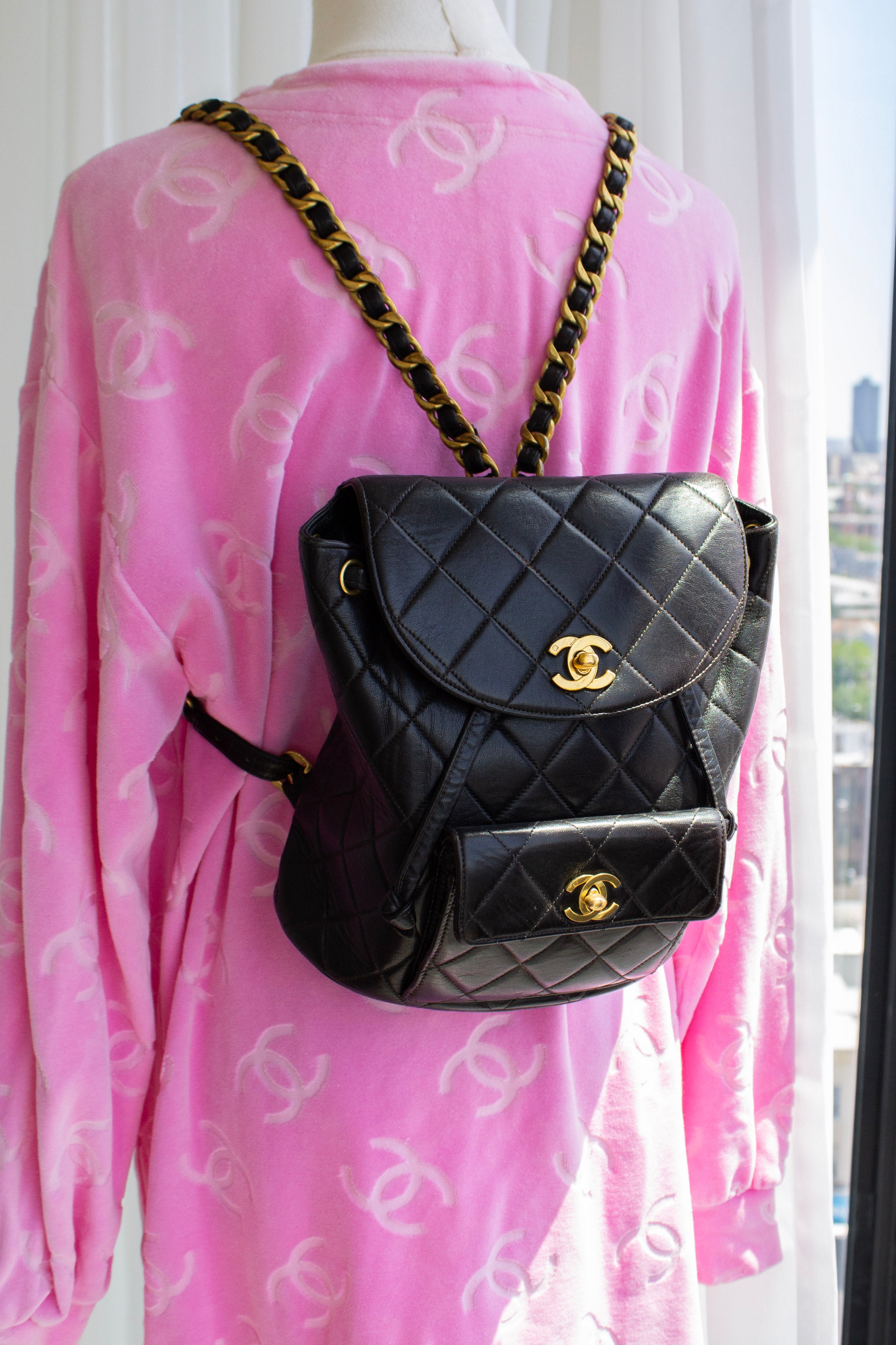 Chanel Vintage Duma Black Lambskin Leather Quilted 24K Gold Backpack