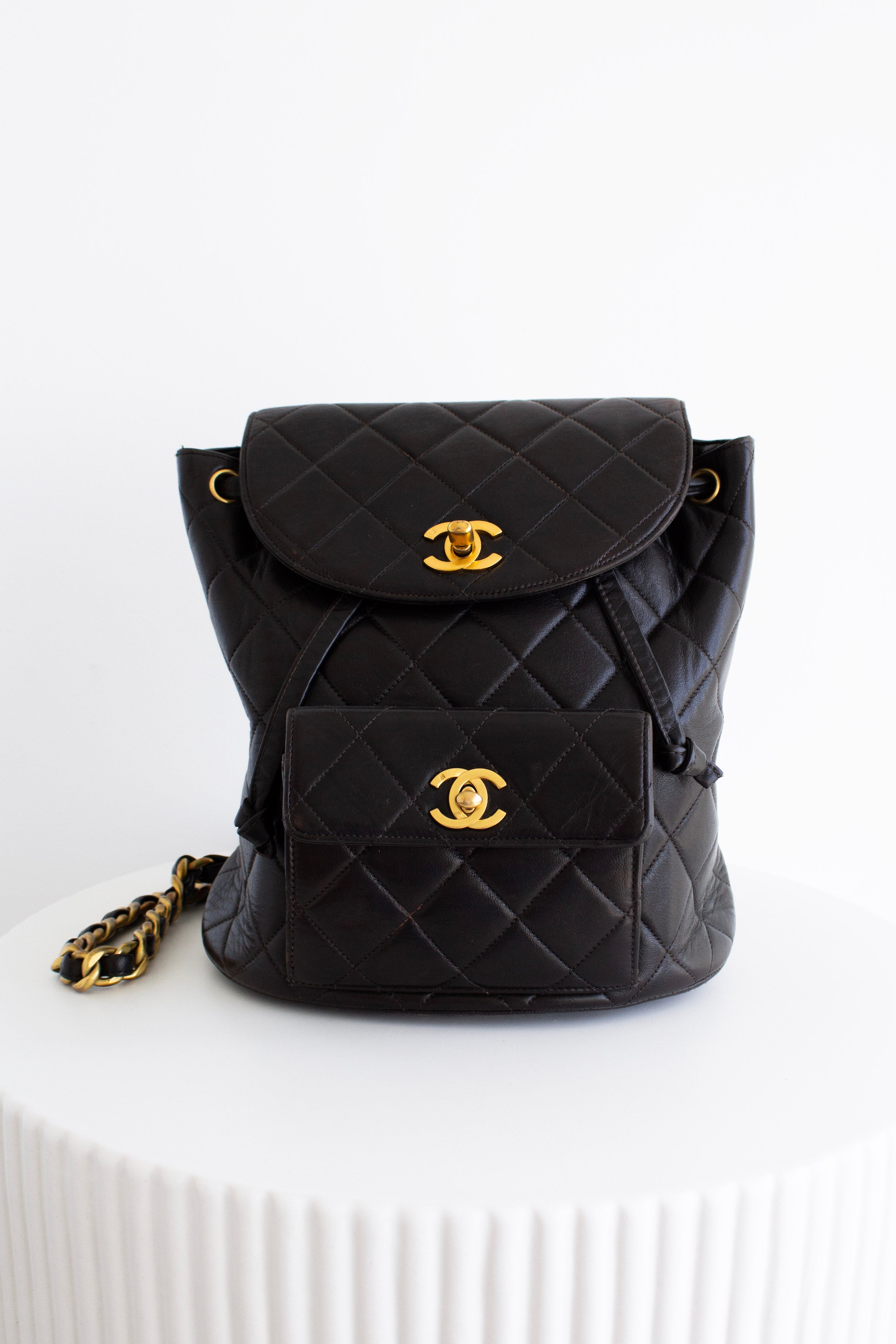 Chanel Vintage Duma Black Lambskin Leather Quilted 24K Gold Backpack