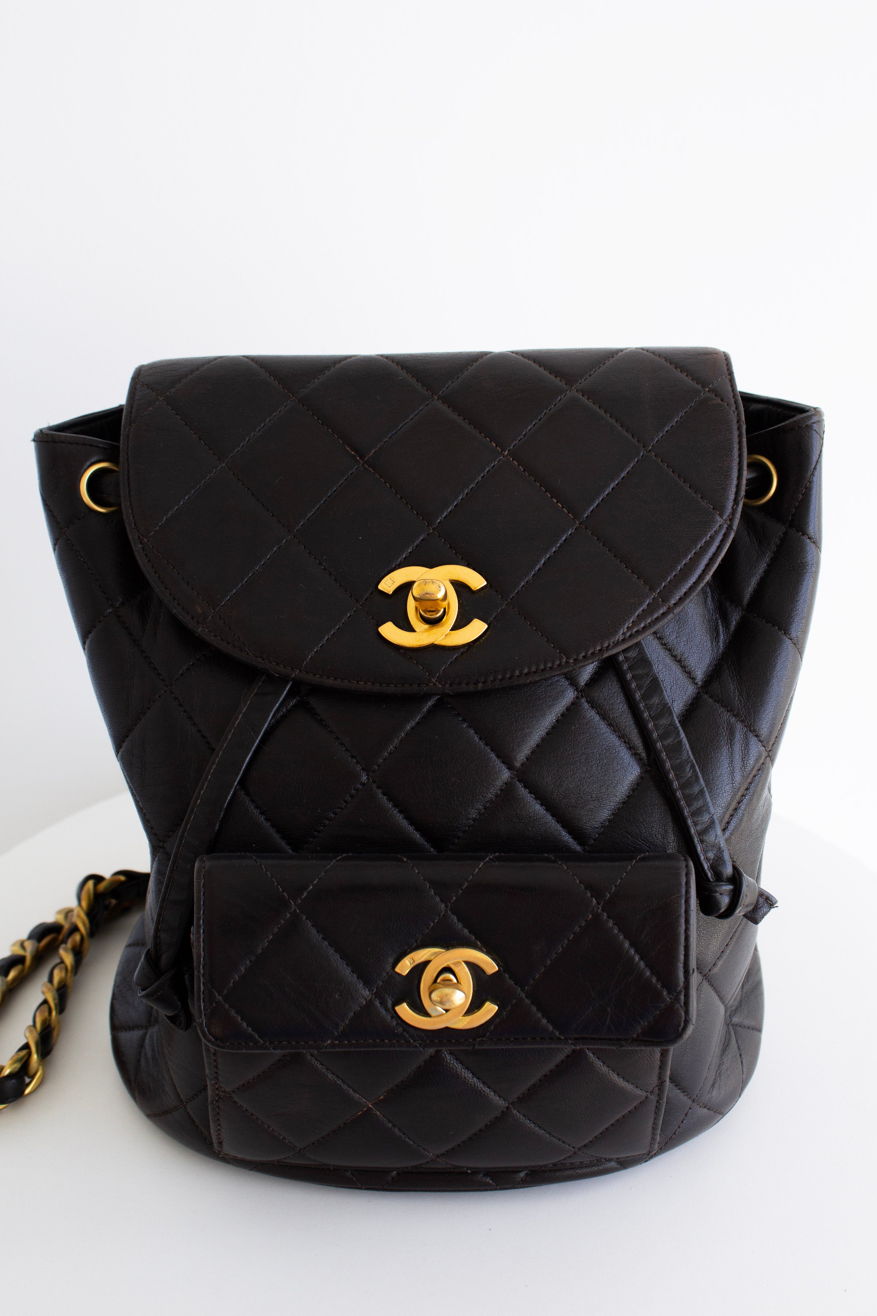Chanel Vintage Duma Black Lambskin Leather Quilted 24K Gold Backpack
