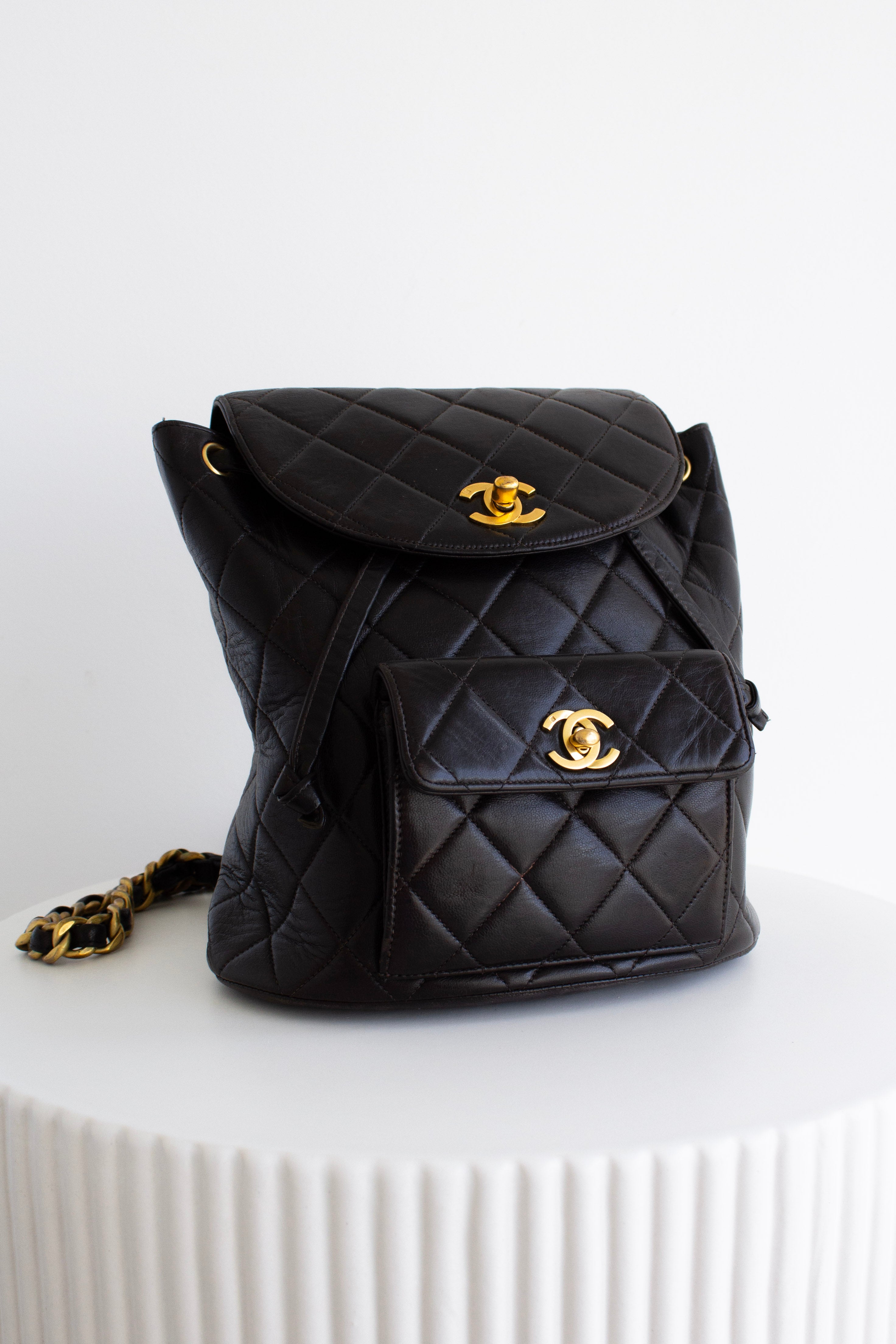 Chanel Vintage Duma Black Lambskin Leather Quilted 24K Gold Backpack