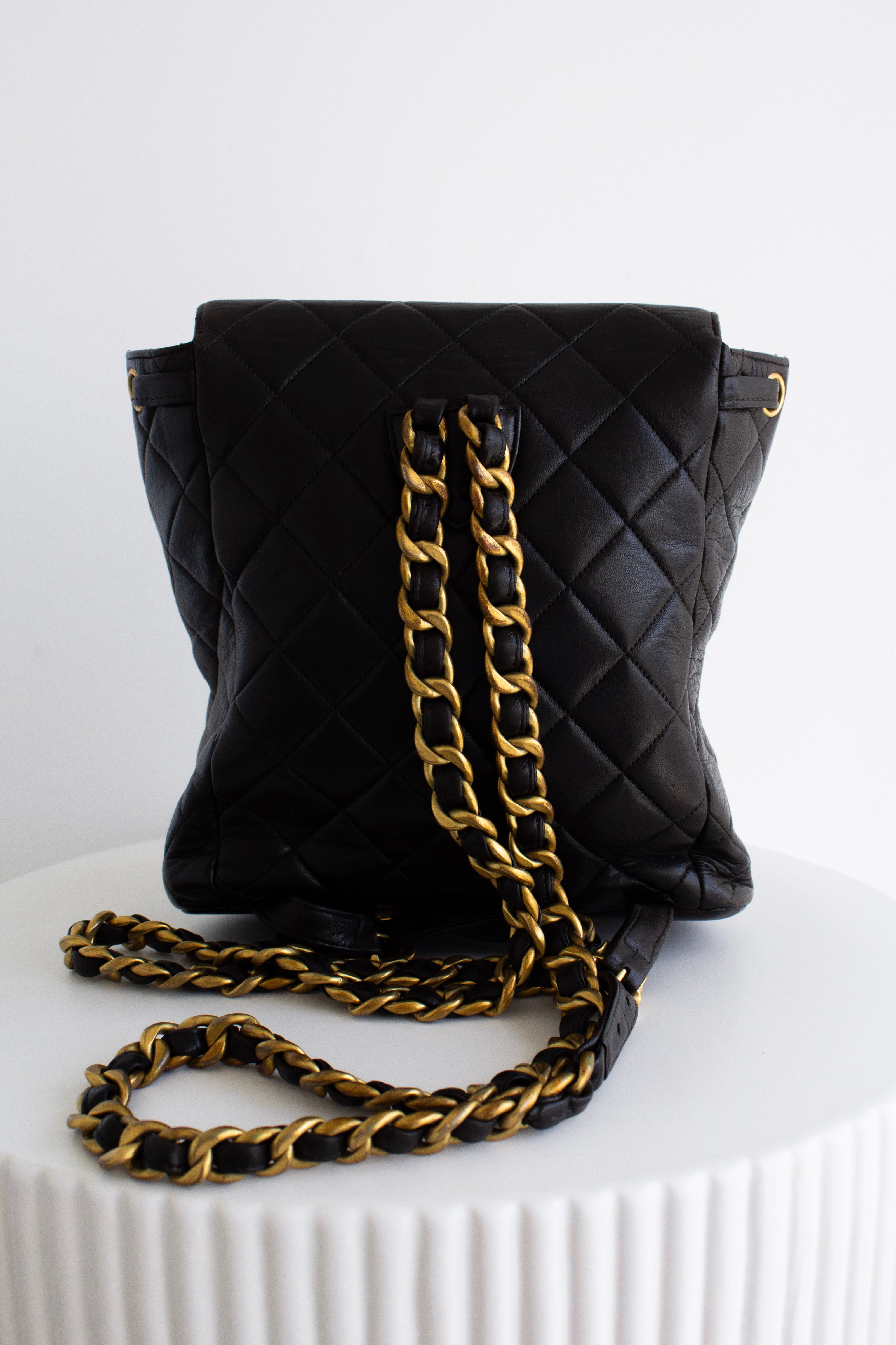 Chanel Vintage Duma Black Lambskin Leather Quilted 24K Gold Backpack