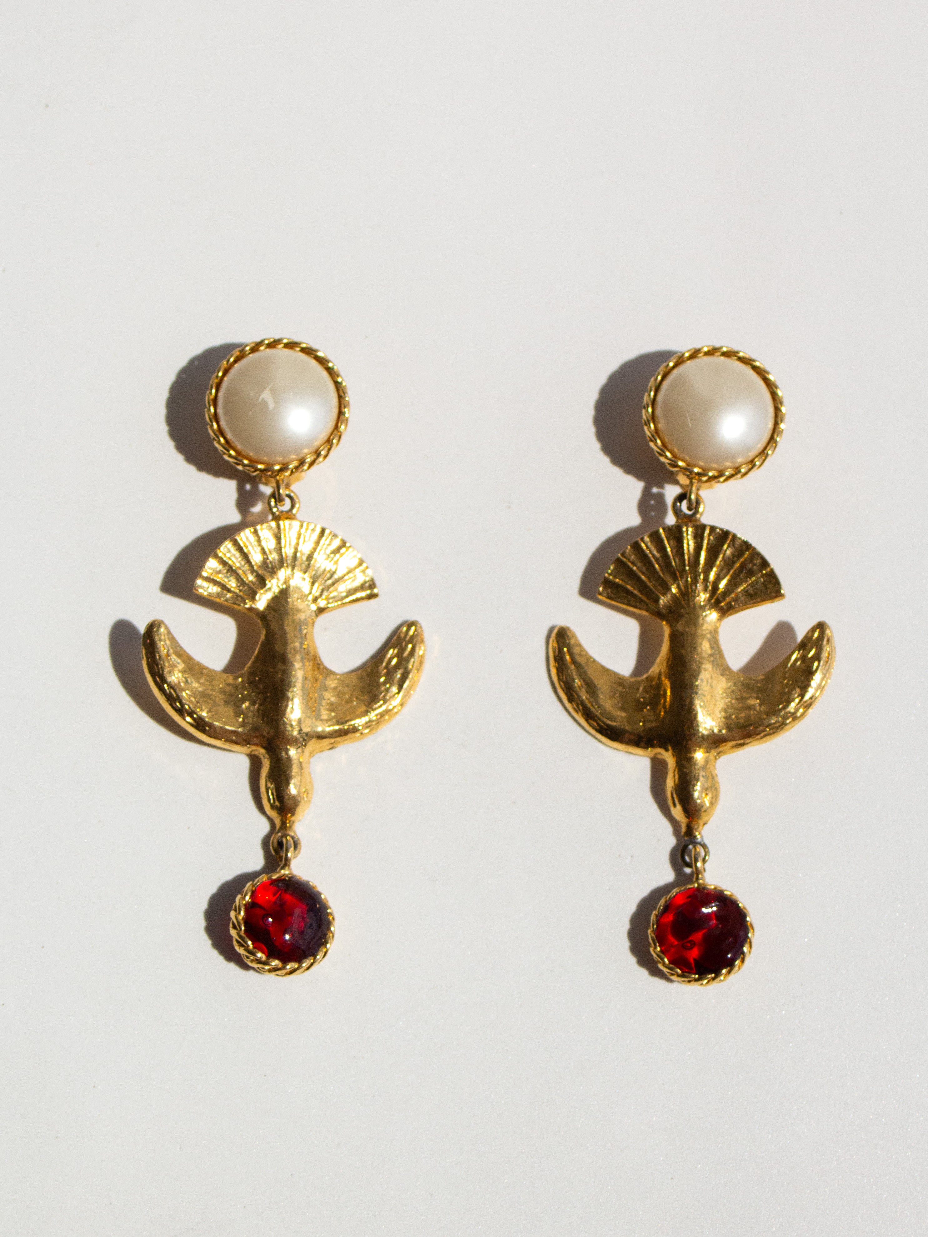 Chanel Vintage 1990s 24K Gold-Plated Swallow Pearl Red Gripoix Earrings