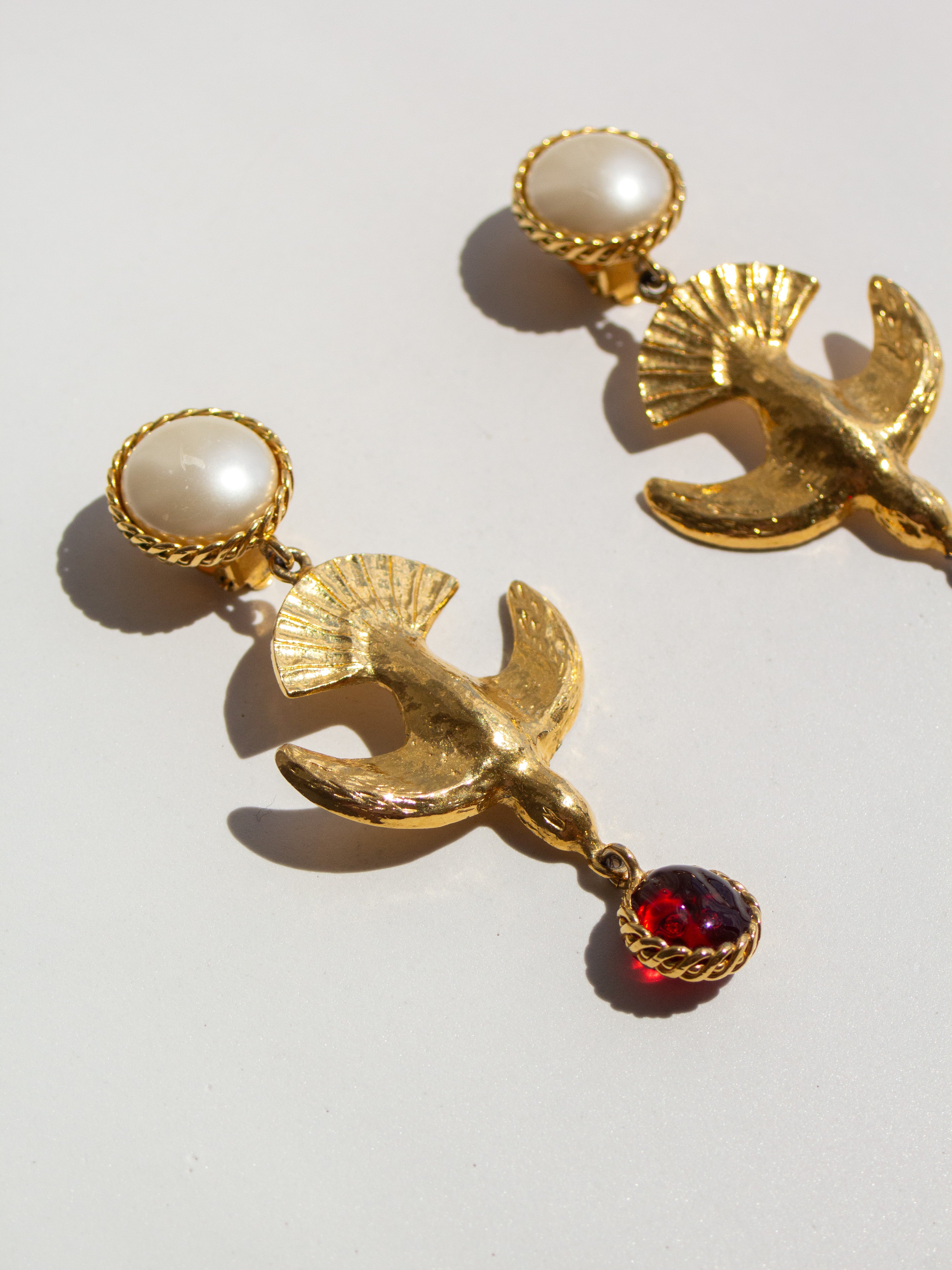 Chanel Vintage 1990s 24K Gold-Plated Swallow Pearl Red Gripoix Earrings