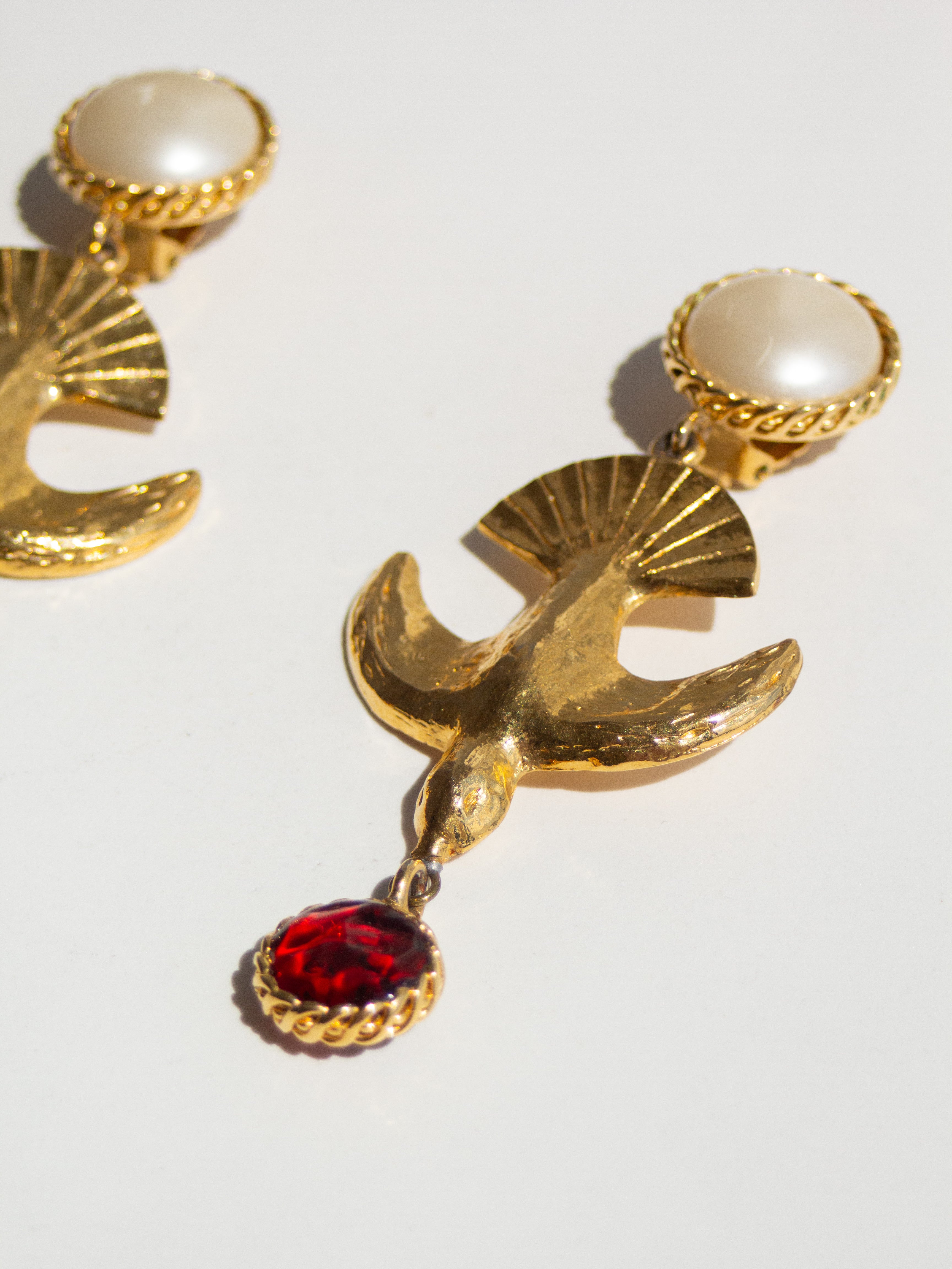 Chanel Vintage 1990s 24K Gold-Plated Swallow Pearl Red Gripoix Earrings
