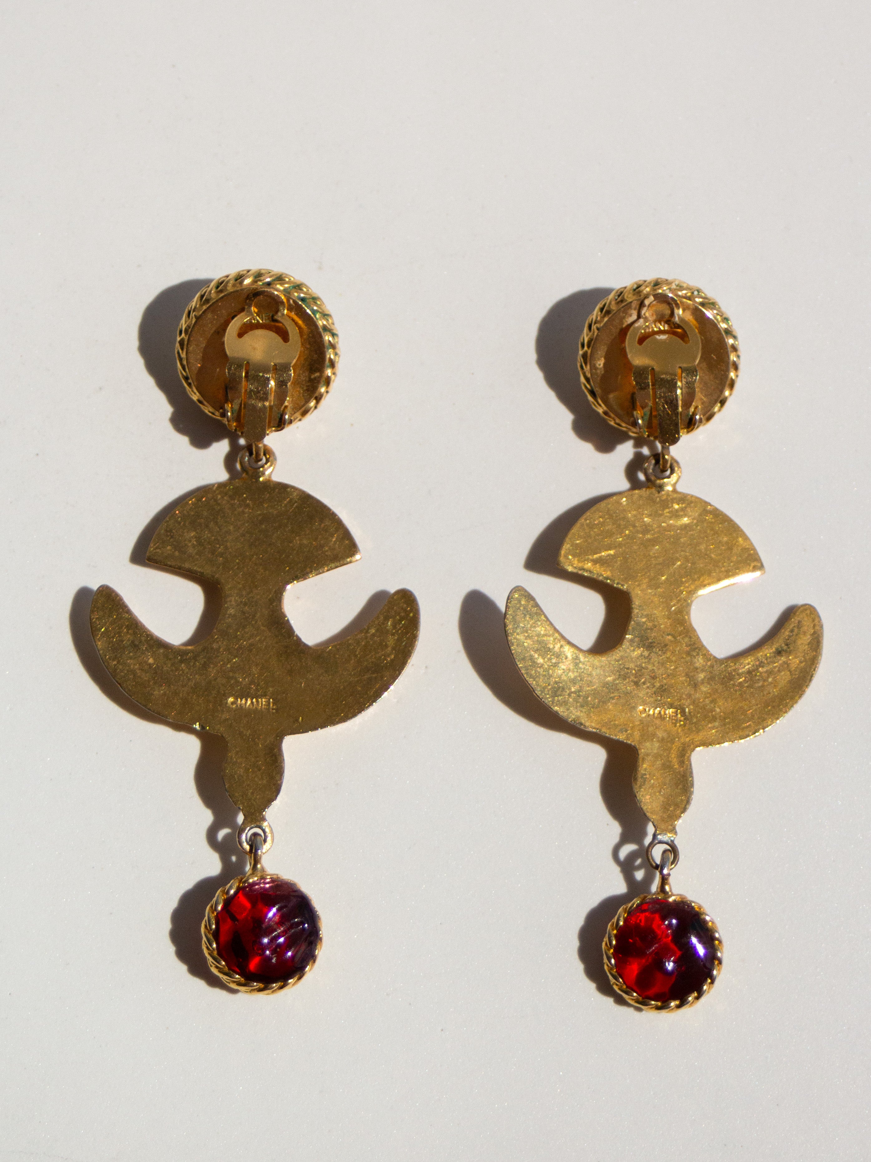 Chanel Vintage 1990s 24K Gold-Plated Swallow Pearl Red Gripoix Earrings