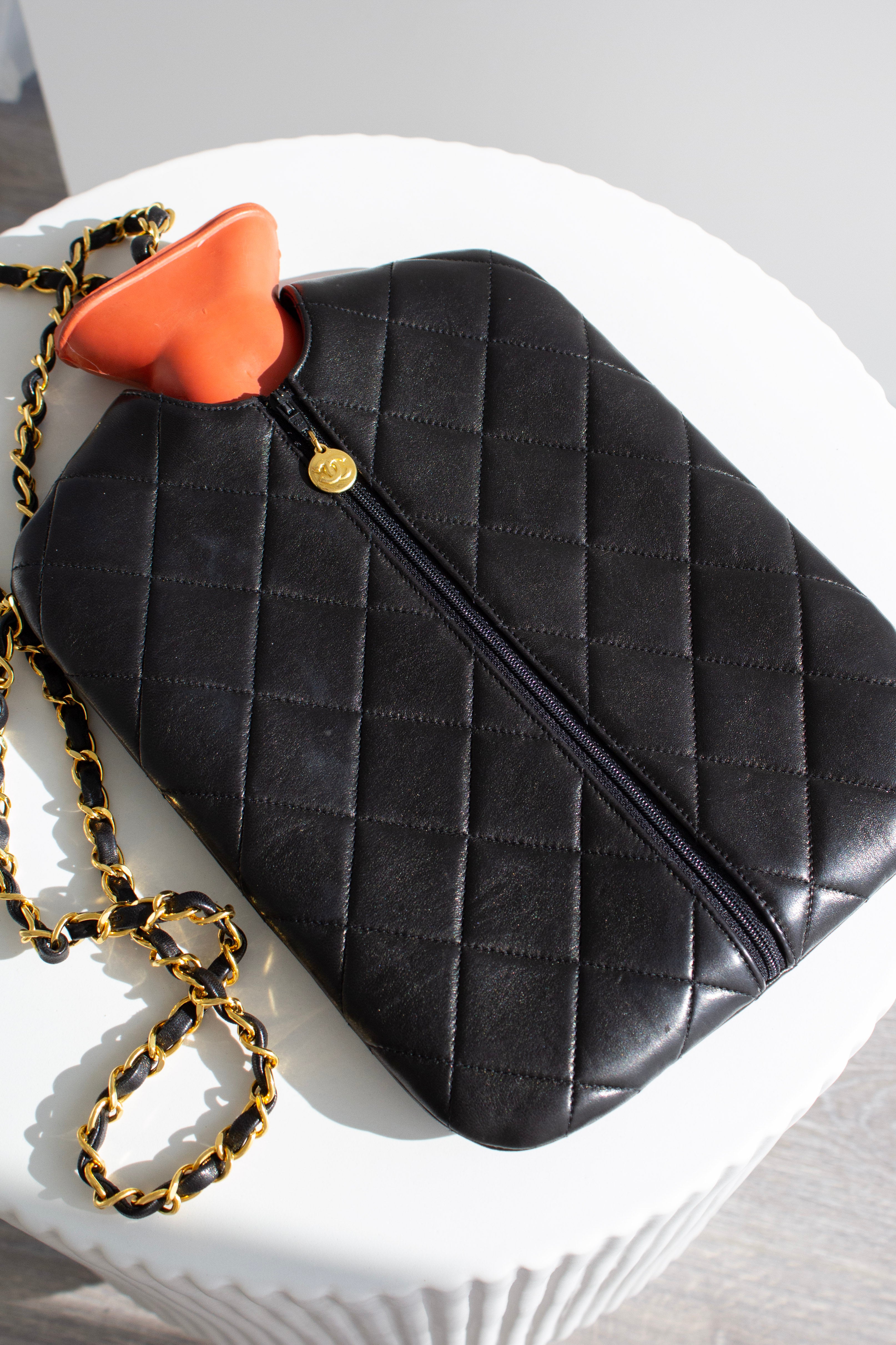 Chanel Fall/Winter 1993 Black Quilted Lambskin Red 24K Gold-Plated Hot Water Bottle