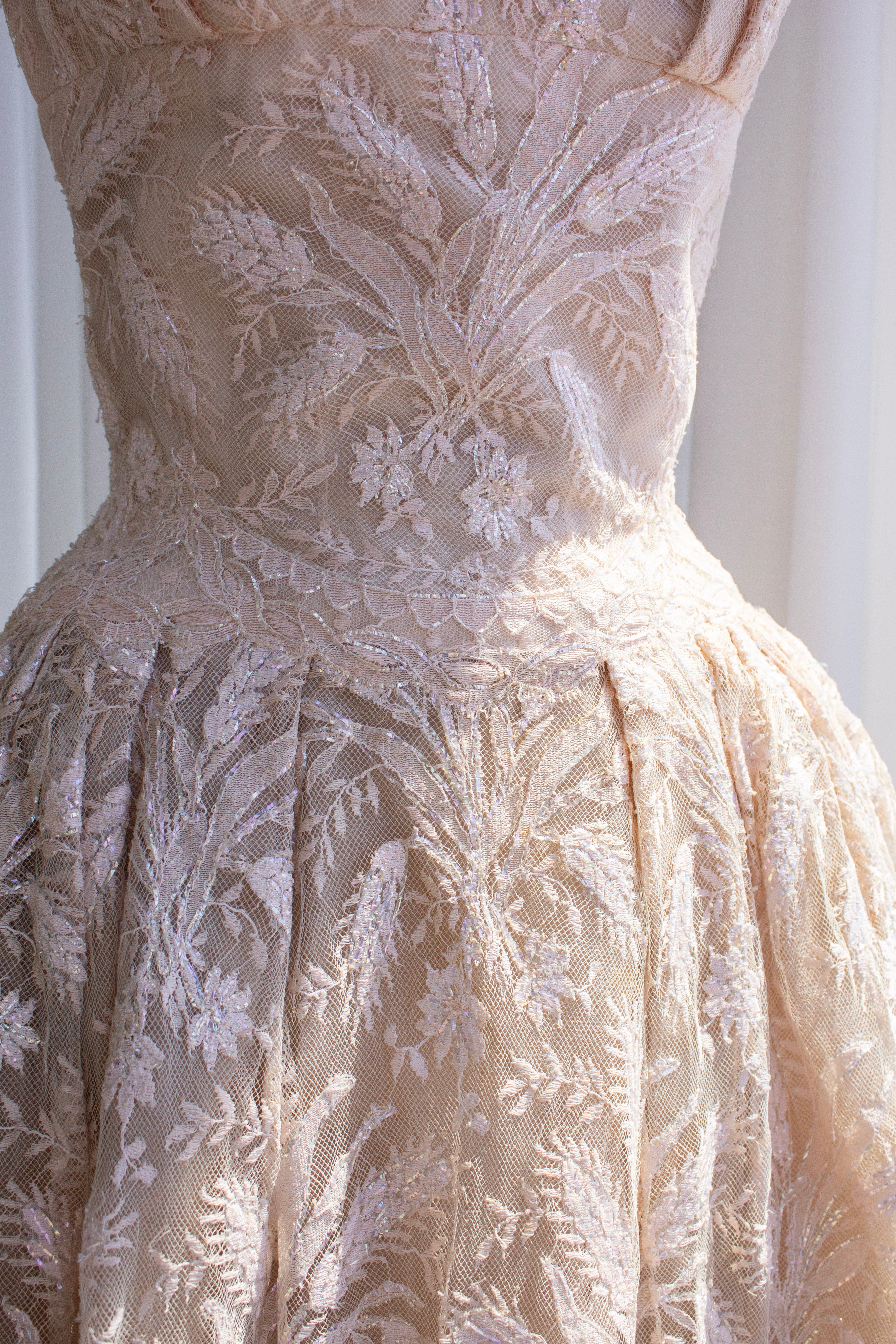 Chanel Haute Couture S/S 1960 Blush Pink Lace Wheat Dress