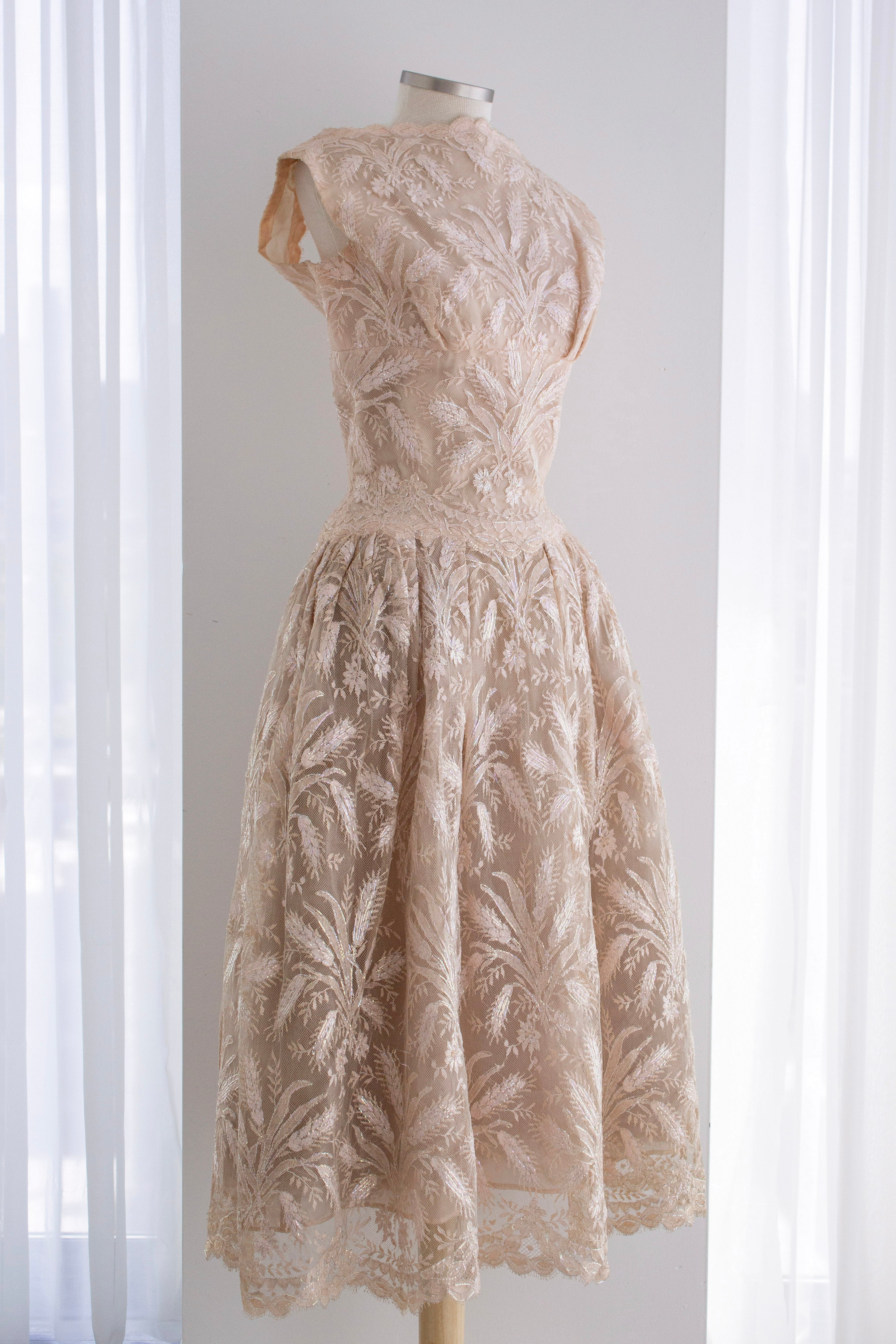 Chanel Haute Couture S/S 1960 Blush Pink Lace Wheat Dress