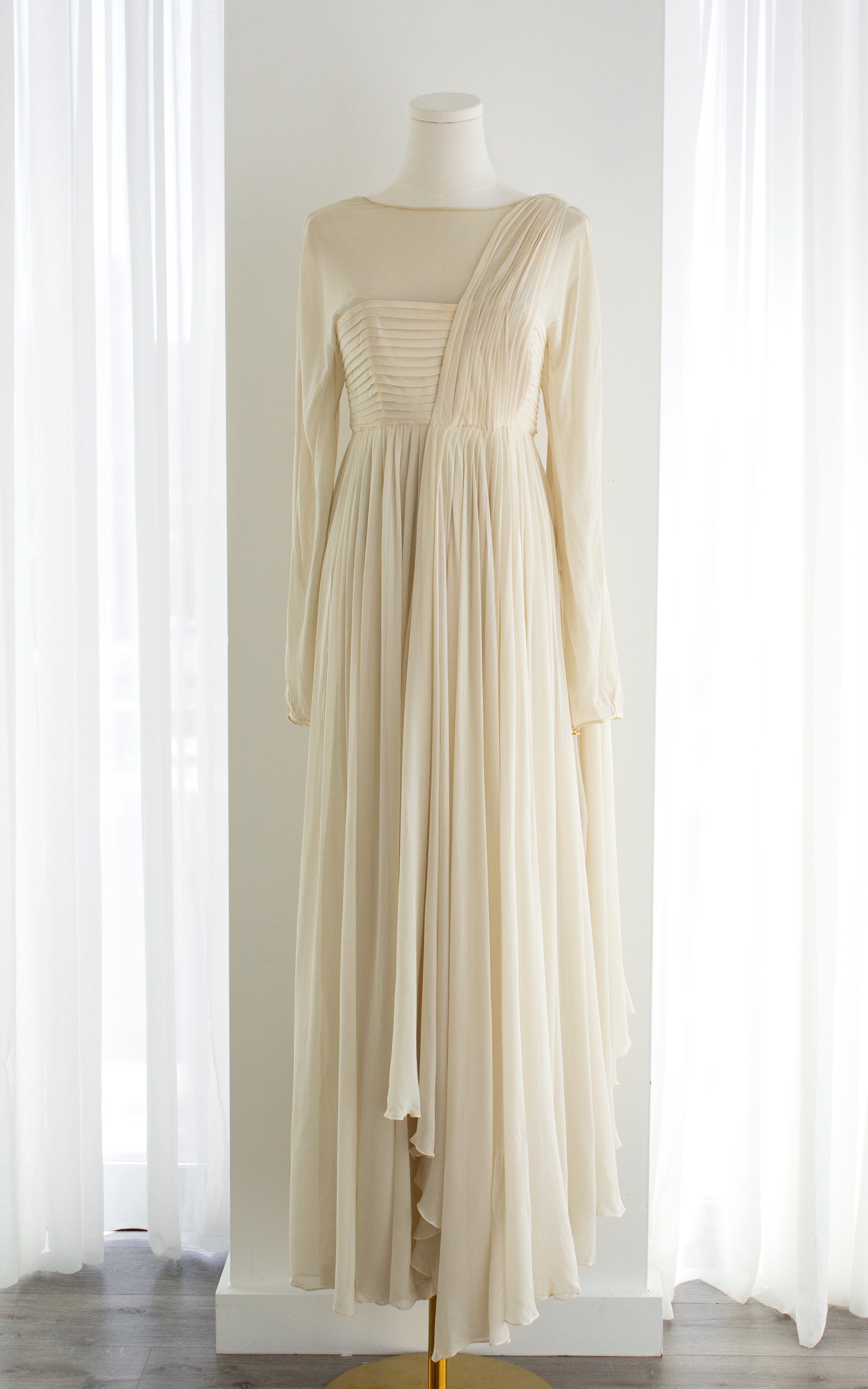 Rare Chanel Vintage S/S 1989 Grecian Goddess Ivory Gold Pleated Gown