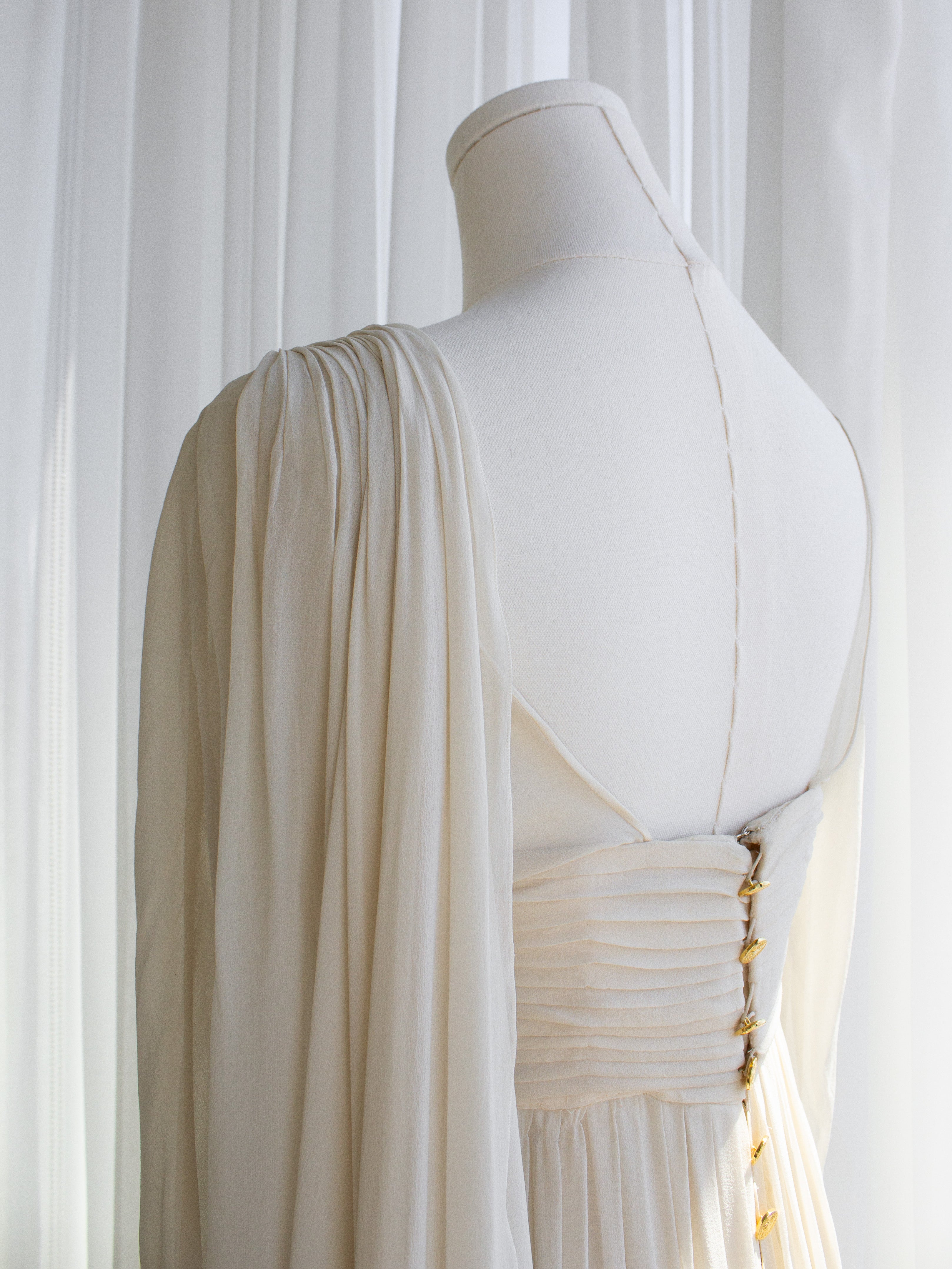 Rare Chanel Vintage S/S 1989 Grecian Goddess Ivory Gold Pleated Gown