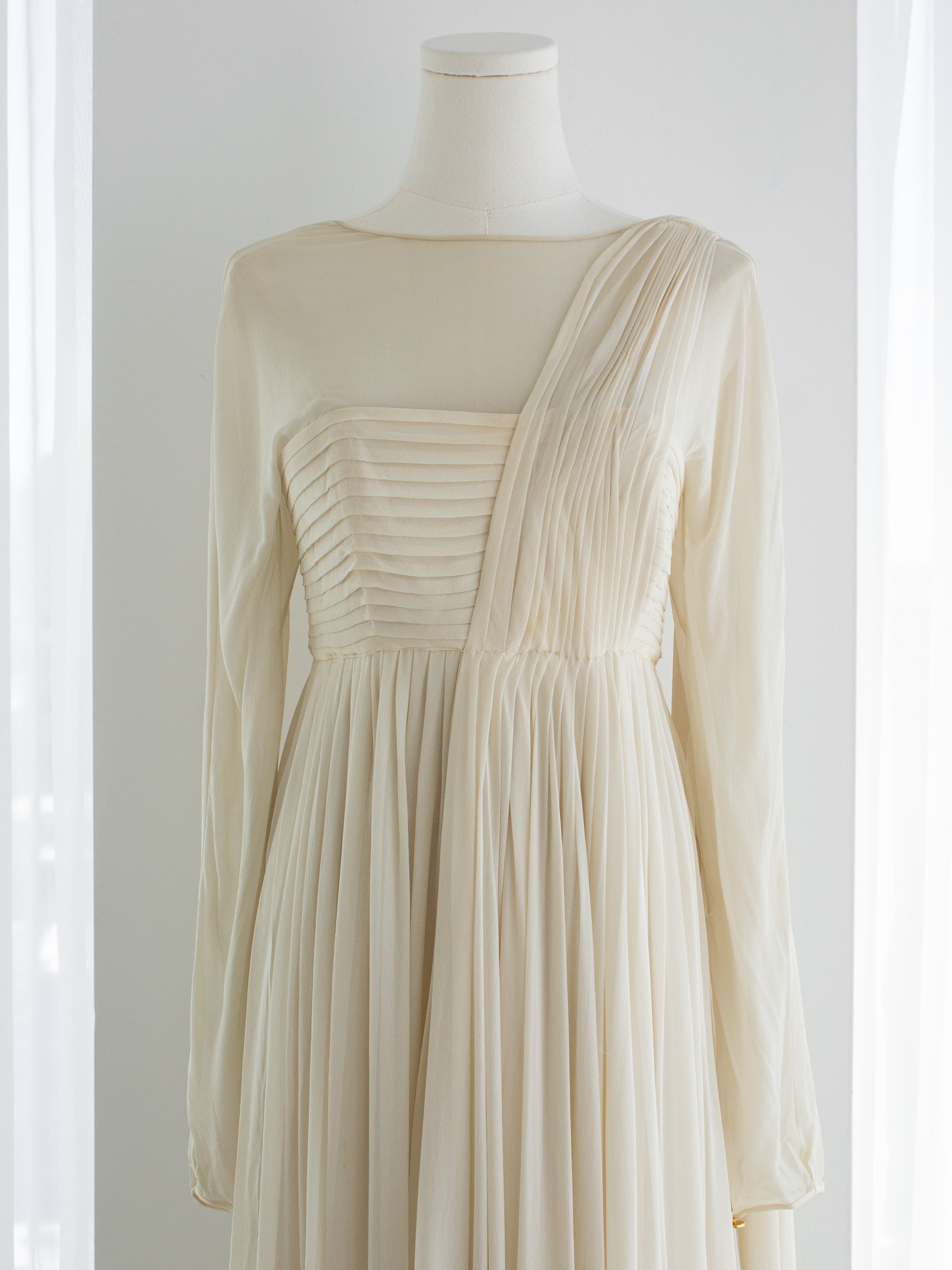 Rare Chanel Vintage S/S 1989 Grecian Goddess Ivory Gold Pleated Gown