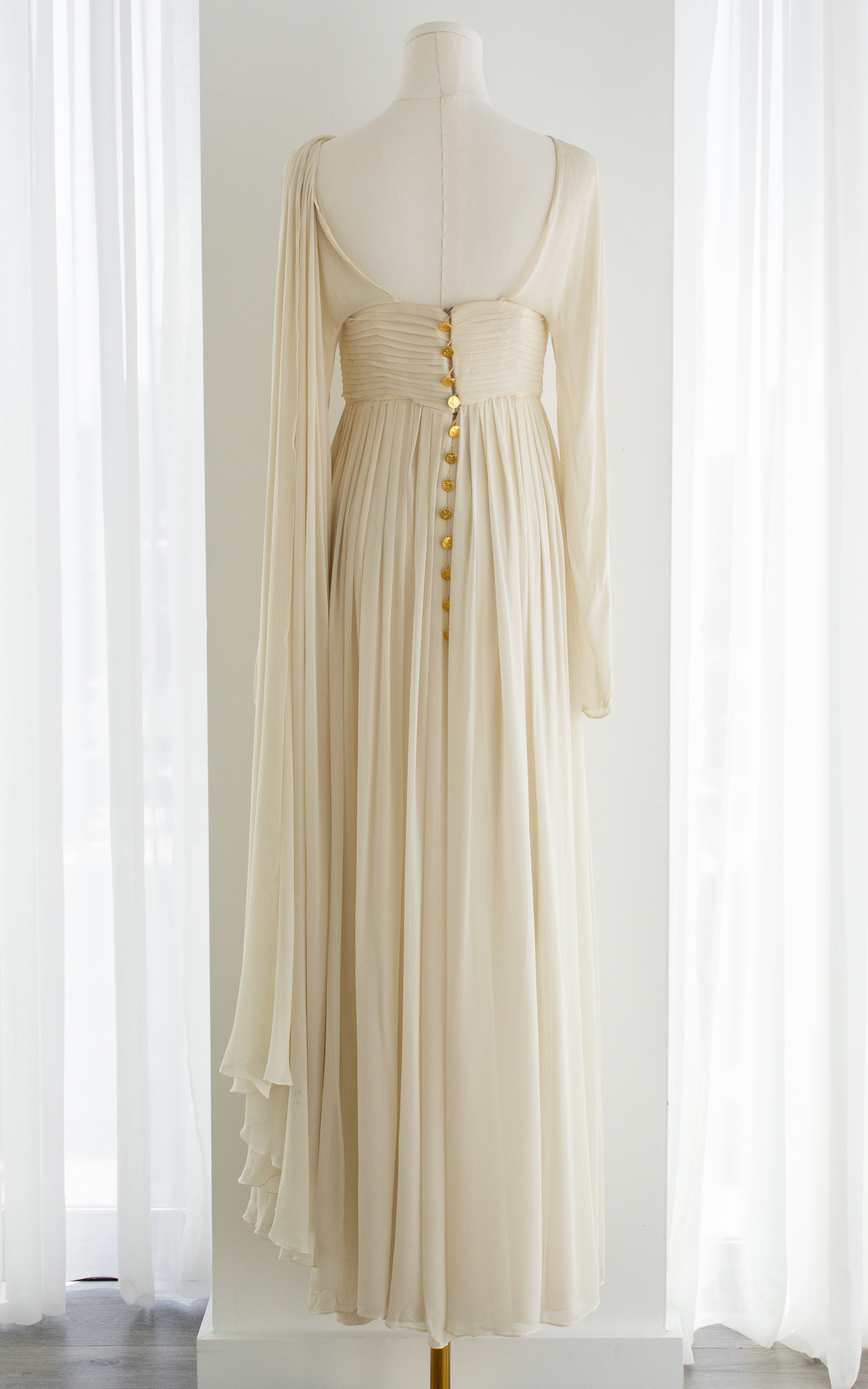 Rare Chanel Vintage S/S 1989 Grecian Goddess Ivory Gold Pleated Gown