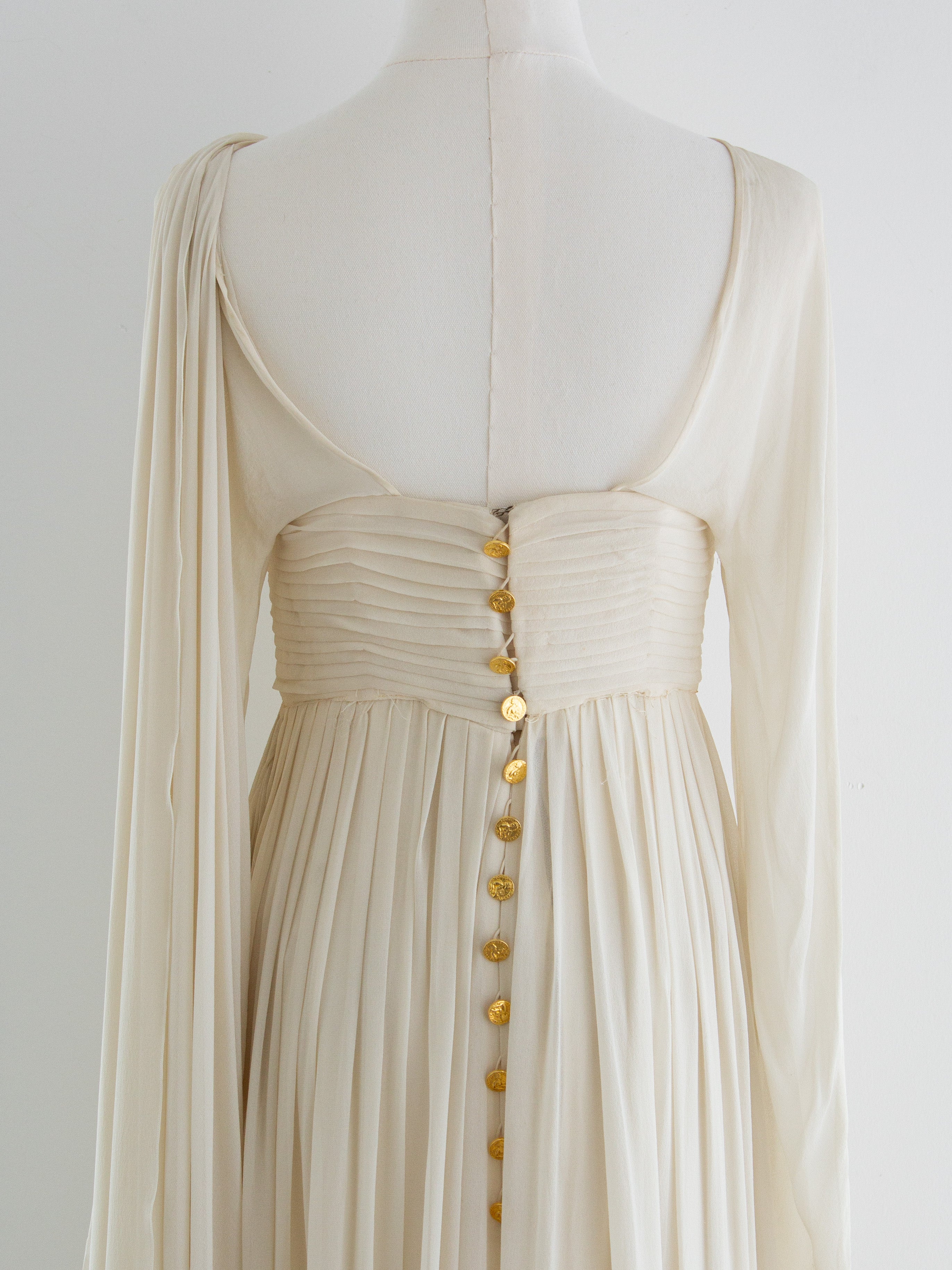 Rare Chanel Vintage S/S 1989 Grecian Goddess Ivory Gold Pleated Gown