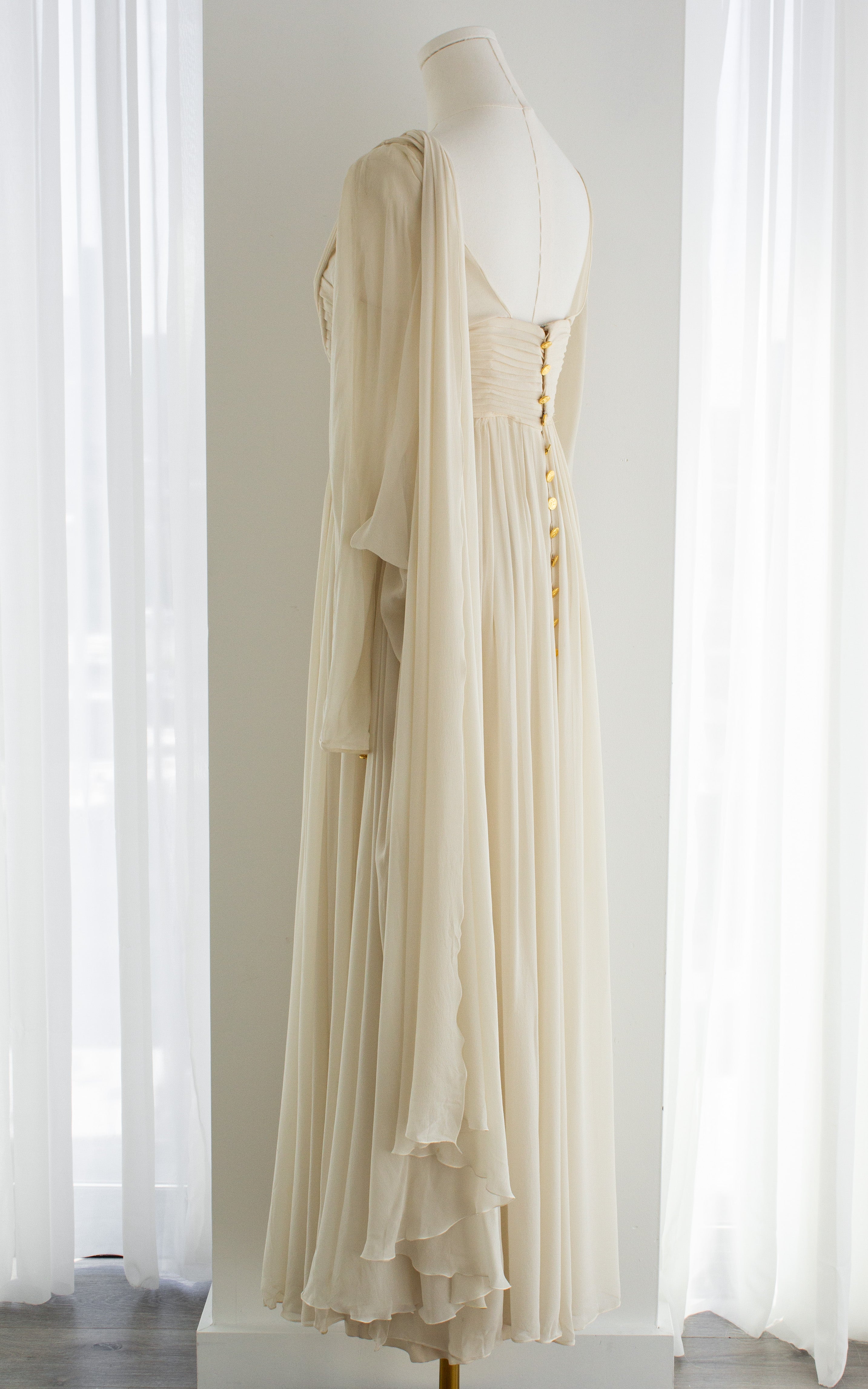 Rare Chanel Vintage S/S 1989 Grecian Goddess Ivory Gold Pleated Gown