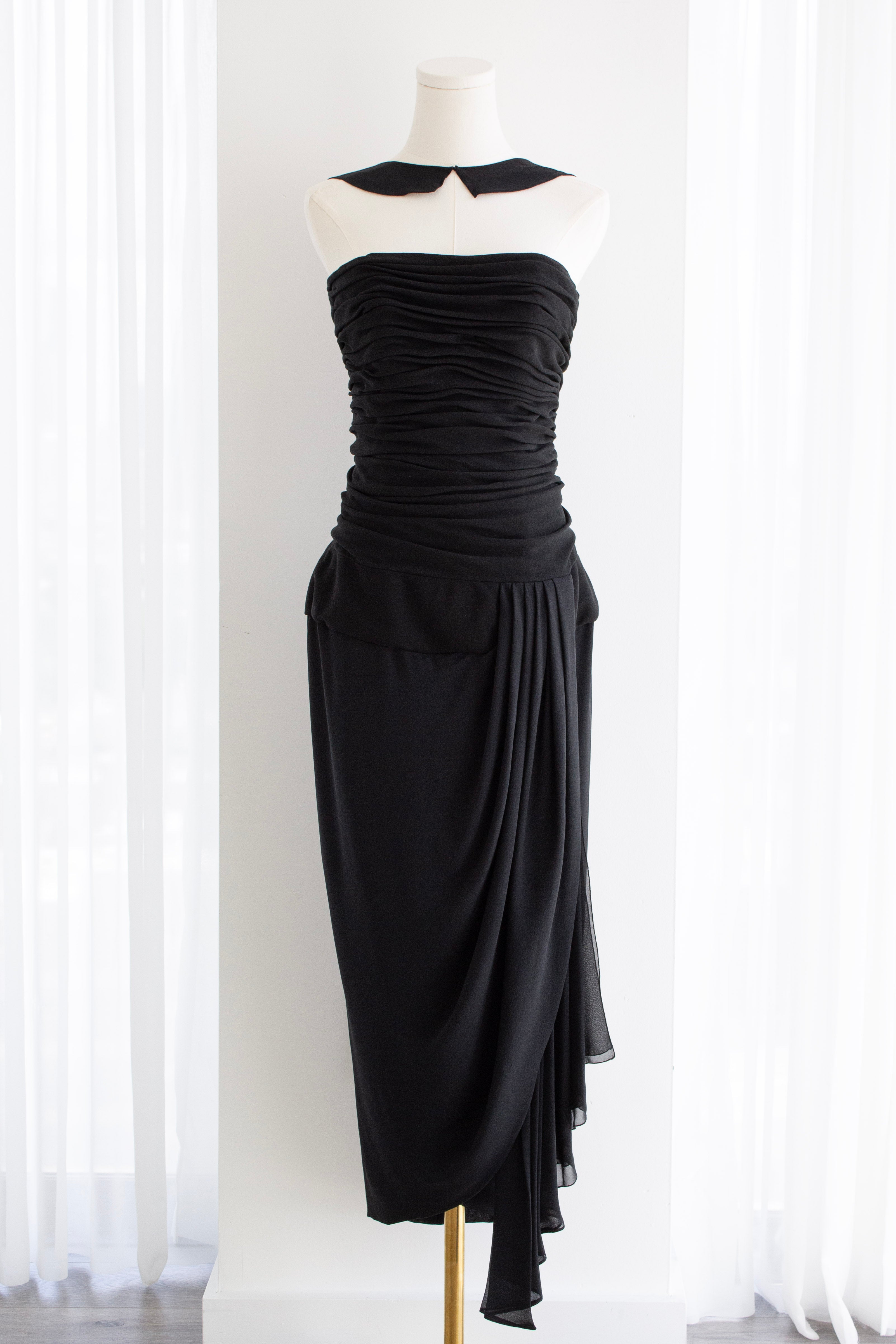 Chanel S/S 1990 Vintage Black Pleated Grecian Collar Gown